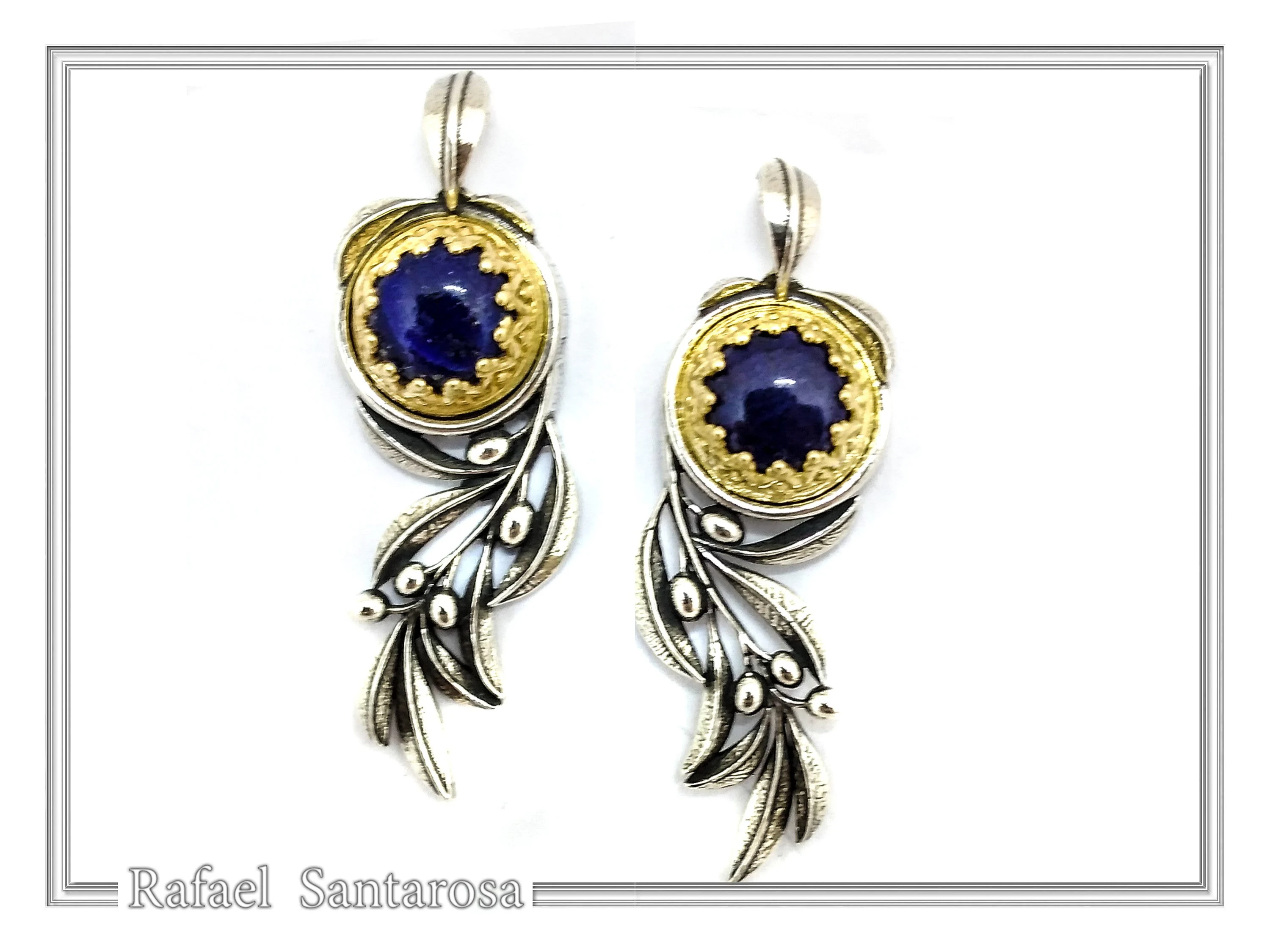 Natural Lapis Lazuli Olive Branch Earrings: Oxidized Sterling Silver, 18K Gold Filled Filigree Bezel — additional product image 2 from Rafael Santarosa Fine Jewelry