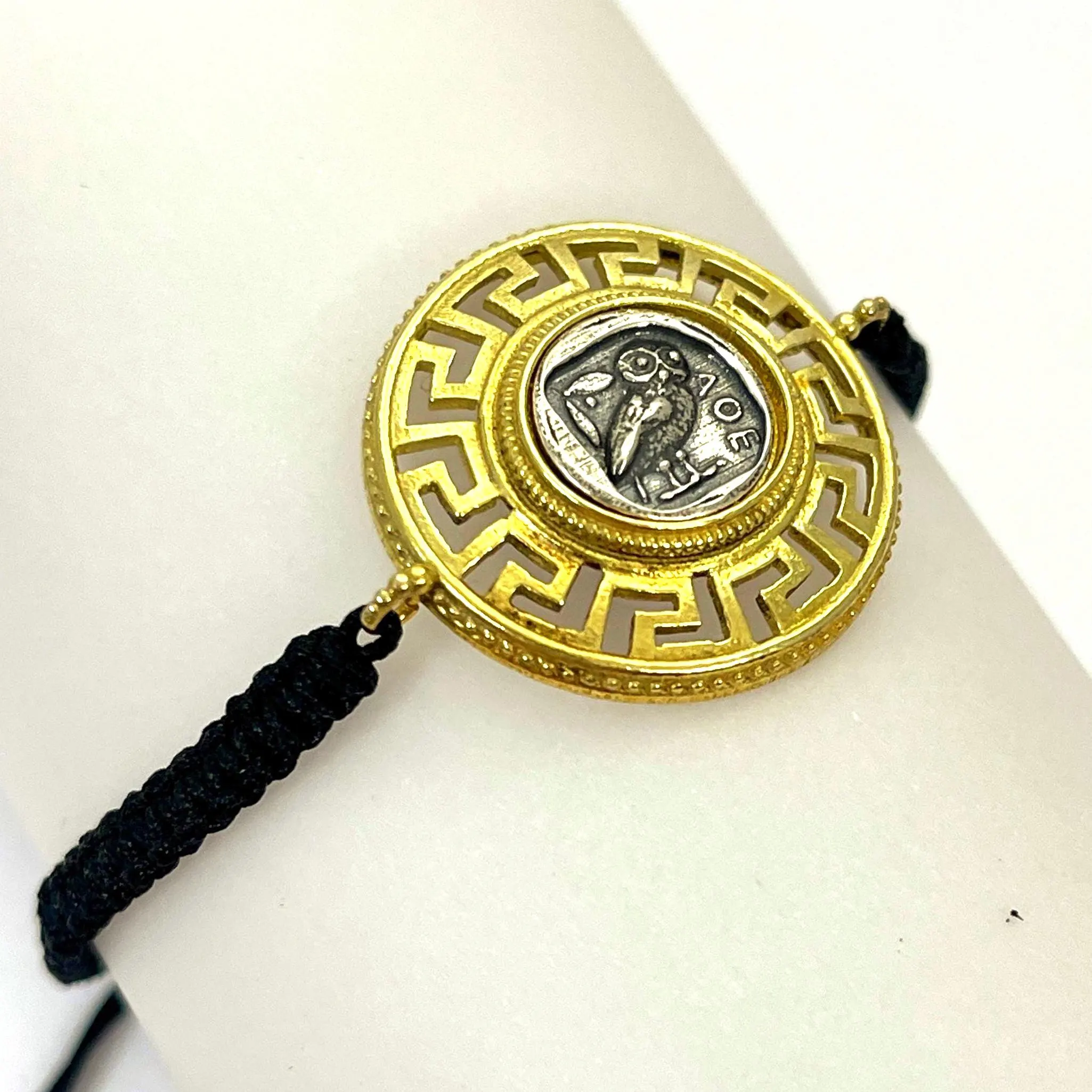 Owl Coin Tetradrachm with Greek Key Macrame Bracelet, 18K Gold Filled & Oxidized Sterling Silver — additional product image 5 from Rafael Santarosa Fine Jewelry