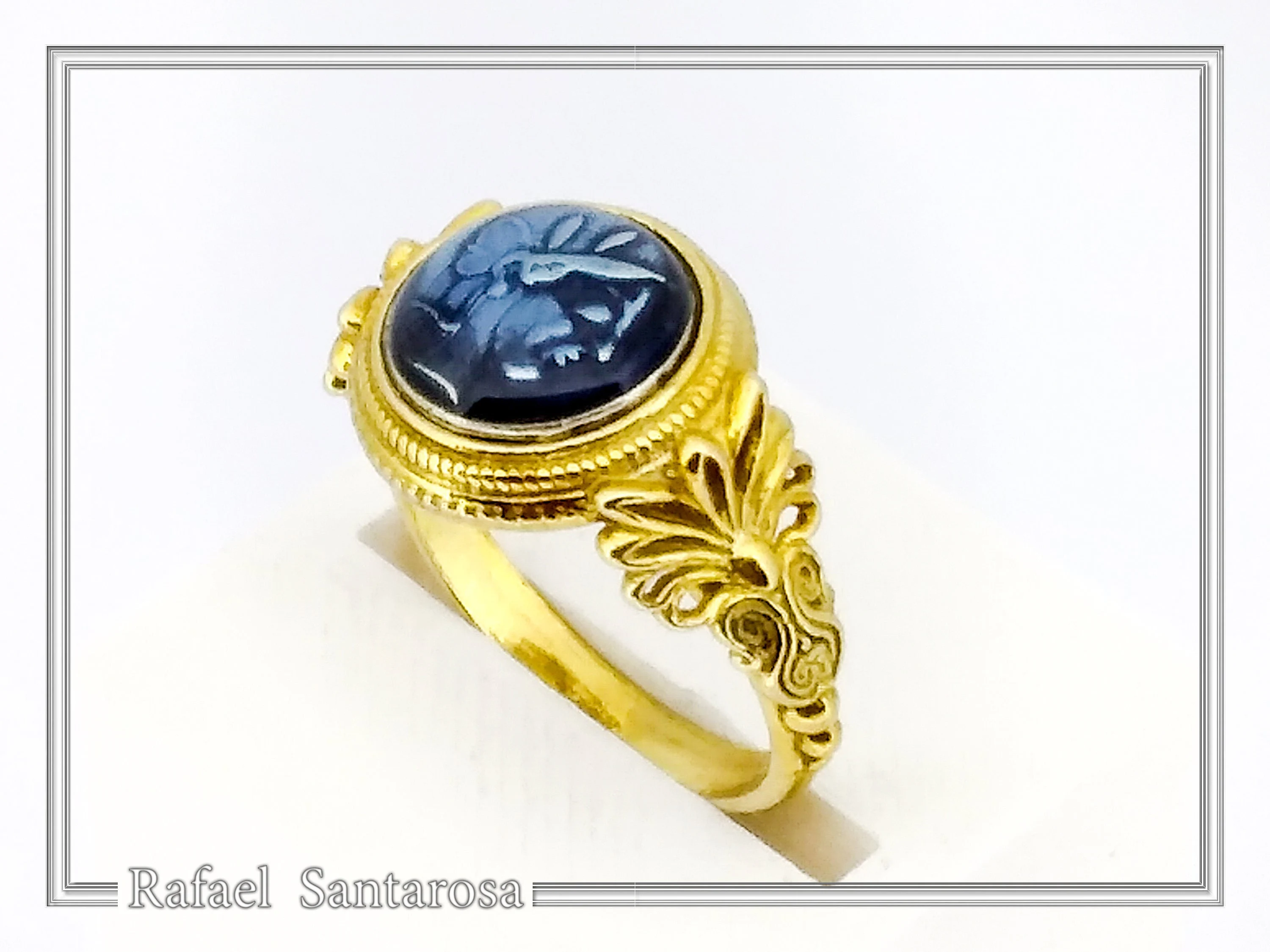 Athena Greek Goddess Head Coin Ring with Antefix Ornaments: Blue Enamel, 18K Gold-Filled Silver — additional product image 2 from Rafael Santarosa Fine Jewelry