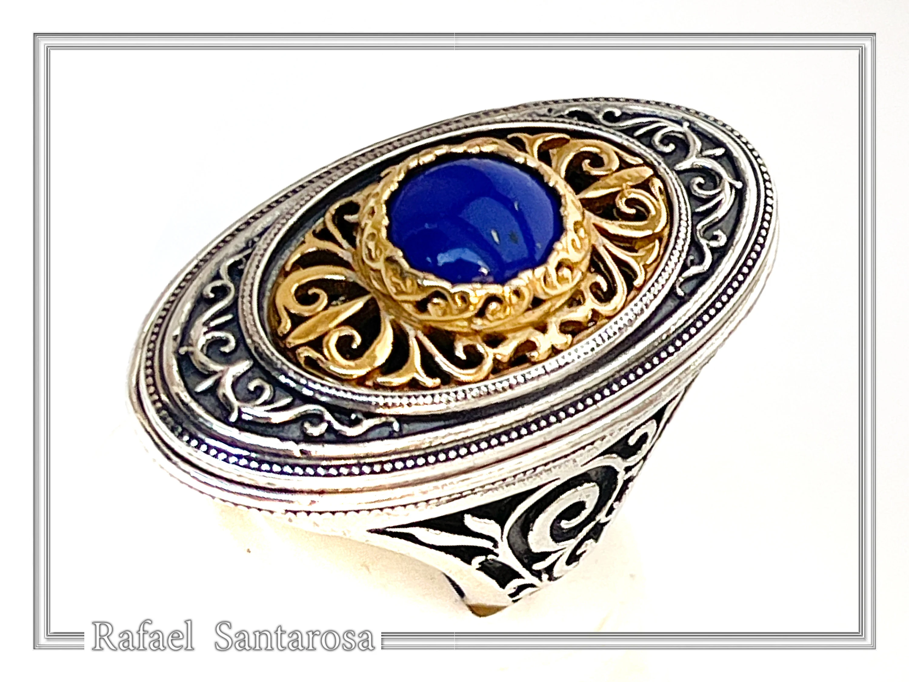 Natural Lapis Lazuli Big Byzantine Ring: Oxidized & 18k Gold Filled Sterling Silver — additional product image 2 from Rafael Santarosa Fine Jewelry
