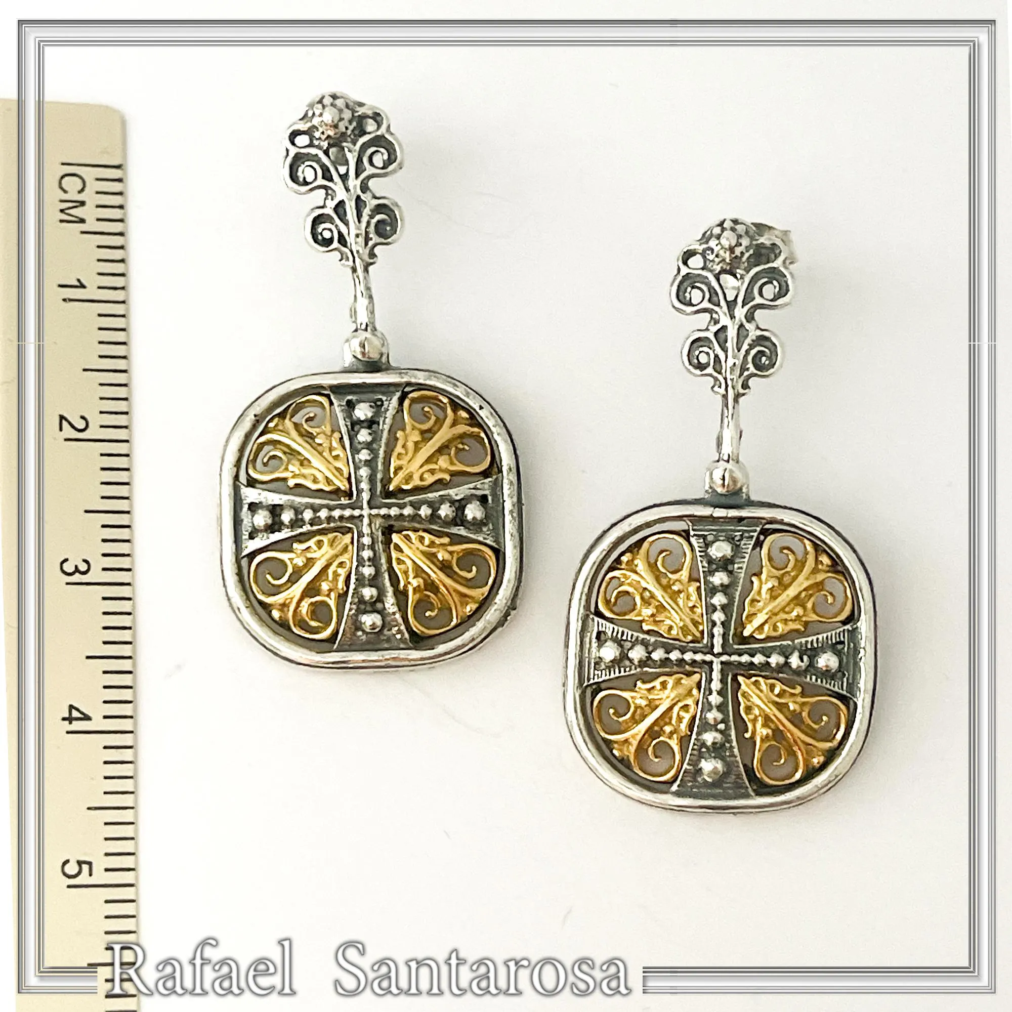 Byzantine Empire Orthodox Cross Earrings: Sterling Silver Oxidized & 18K Gold-Filled Filigree — additional product image 8 from Rafael Santarosa Fine Jewelry