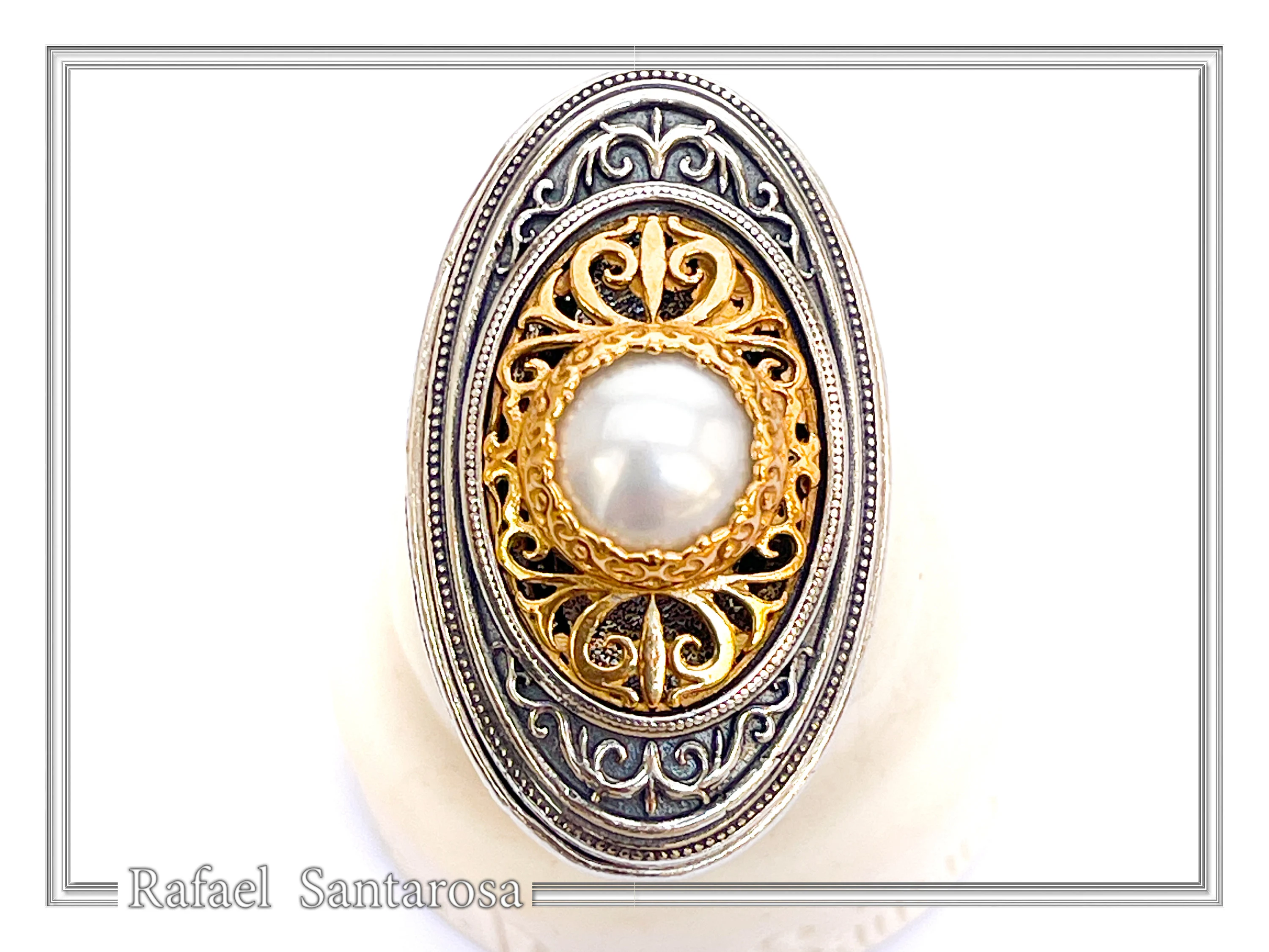 Byzantine Floral Queen Size Natural Pearl Ring: Oxidized Sterling Silver and 18K Gold Filled — additional product image 5 from Rafael Santarosa Fine Jewelry