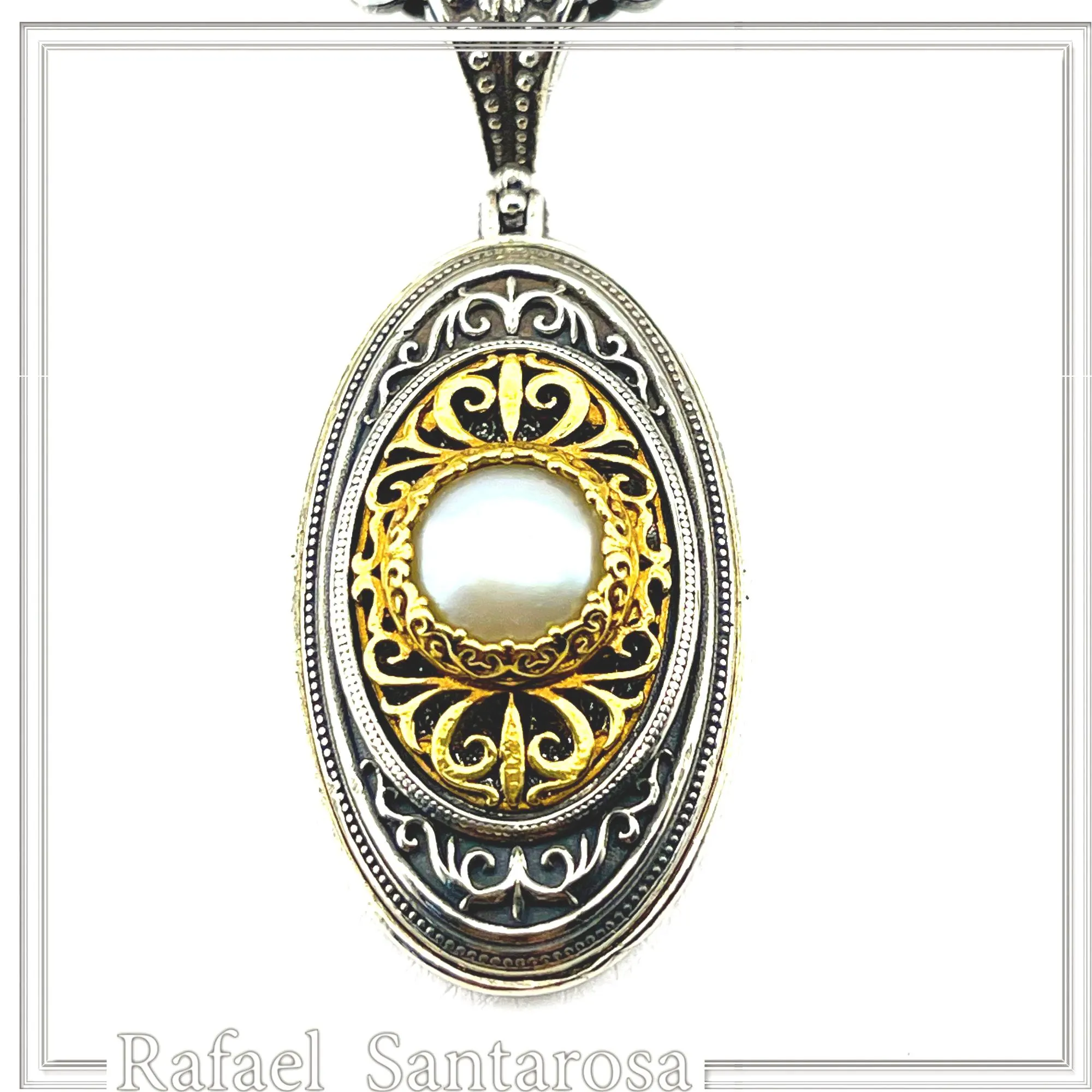 Natural Pearl on Byzantine Ornaments Pendant: Oxidized Sterling Silver and 18 Karat Gold Filled — additional product image 2 from Rafael Santarosa Fine Jewelry