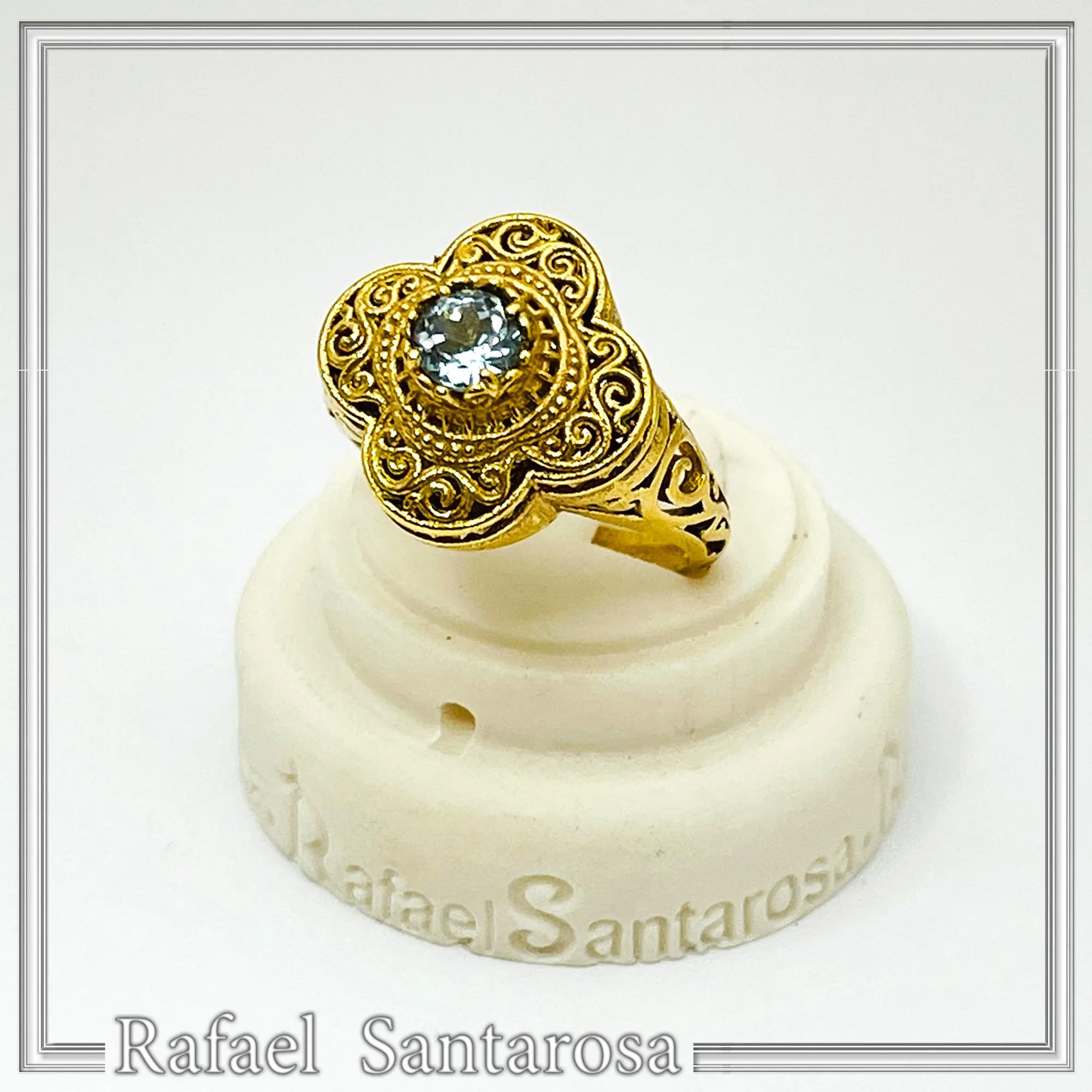 Natural brilliant cut topaz Byzantine Ring: Engraved and filigree Sterling Silver 18K Gold Filled — additional product image 5 from Rafael Santarosa Fine Jewelry