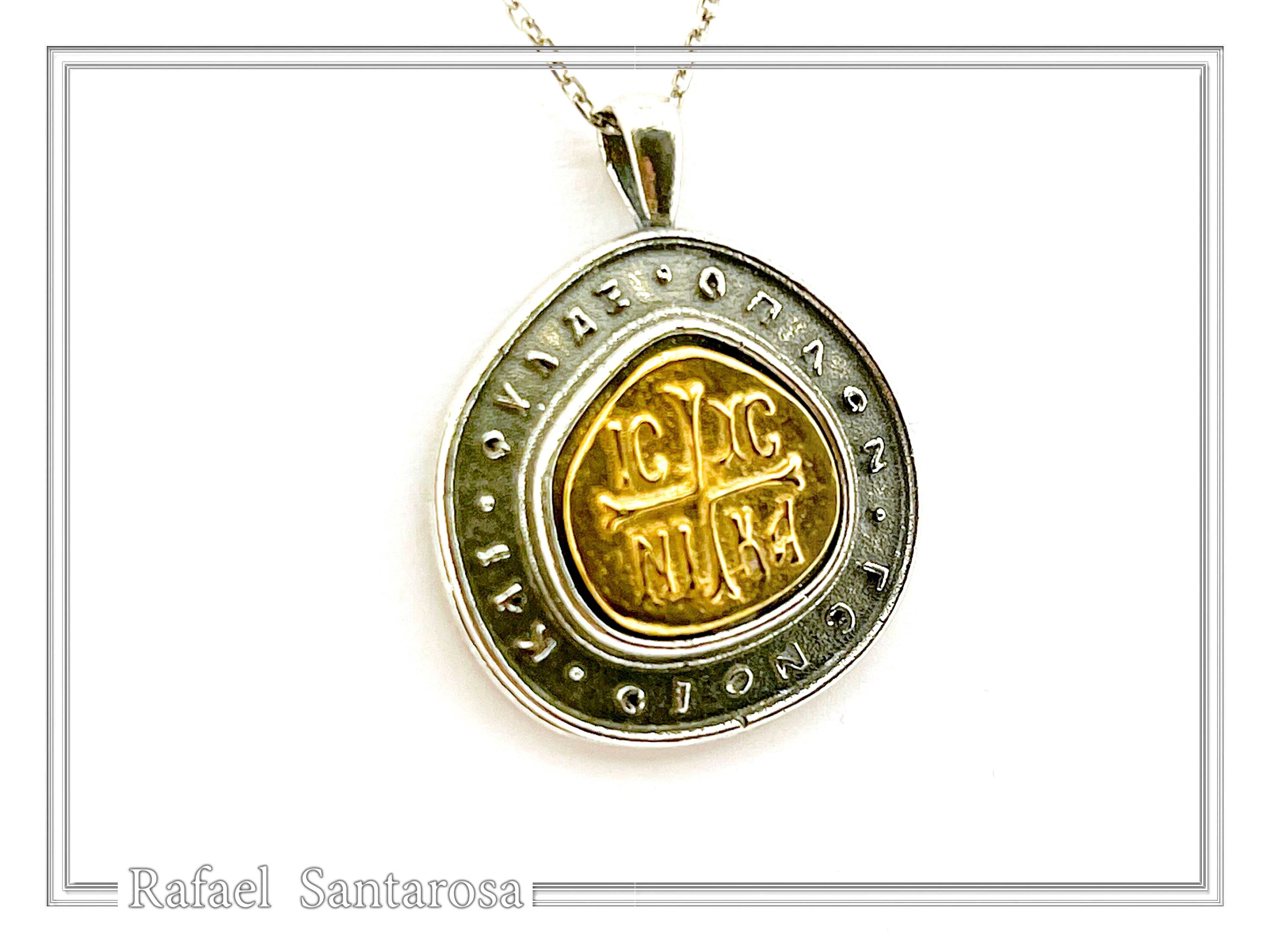 Jesus Christ Victorious Necklace: 18K Gold Christogram & Oxidized Sterling Silver. ICXC NIKA Orthodox Prayer. — additional product image 2 from Rafael Santarosa Fine Jewelry