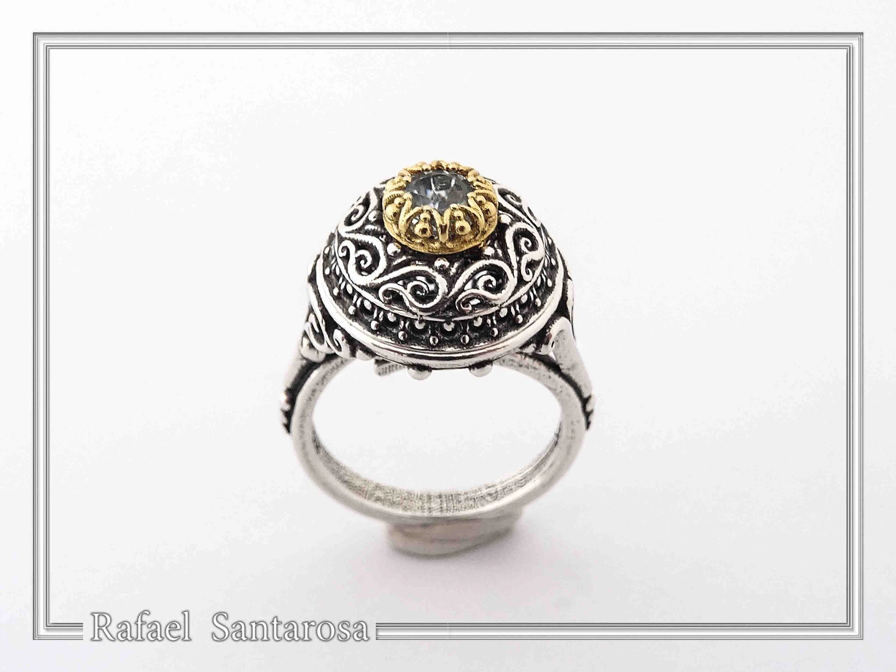 Sterling Silver Ring, 18K Gold Filled Filigree Bezel and 5mm Natural Sky-Blue Topaz — additional product image 6 from Rafael Santarosa Fine Jewelry