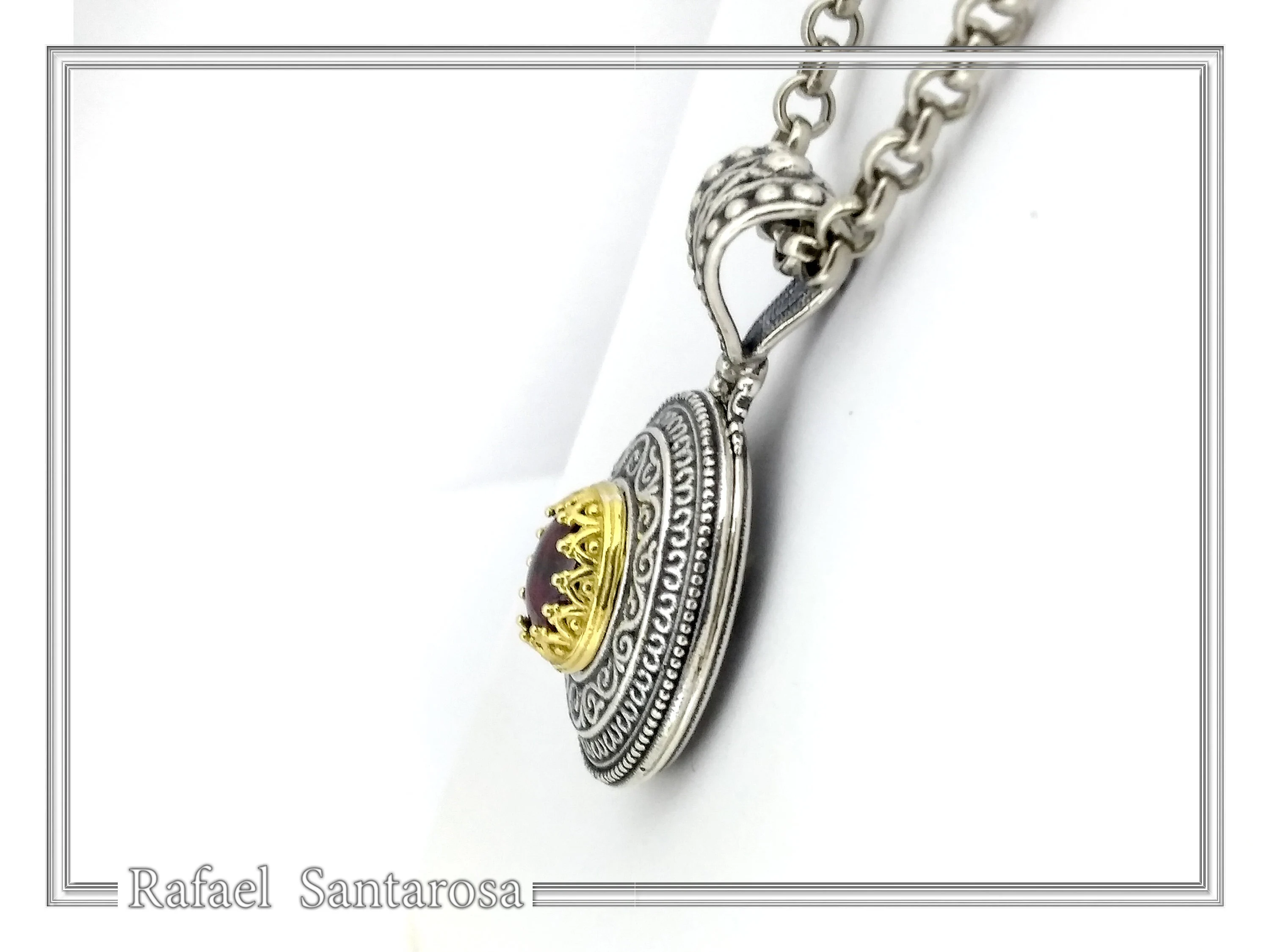 Natural Red Garnet Byzantine Filigree Pendant: Oxidized and 18k Gold Filled Sterling Silver — additional product image 5 from Rafael Santarosa Fine Jewelry