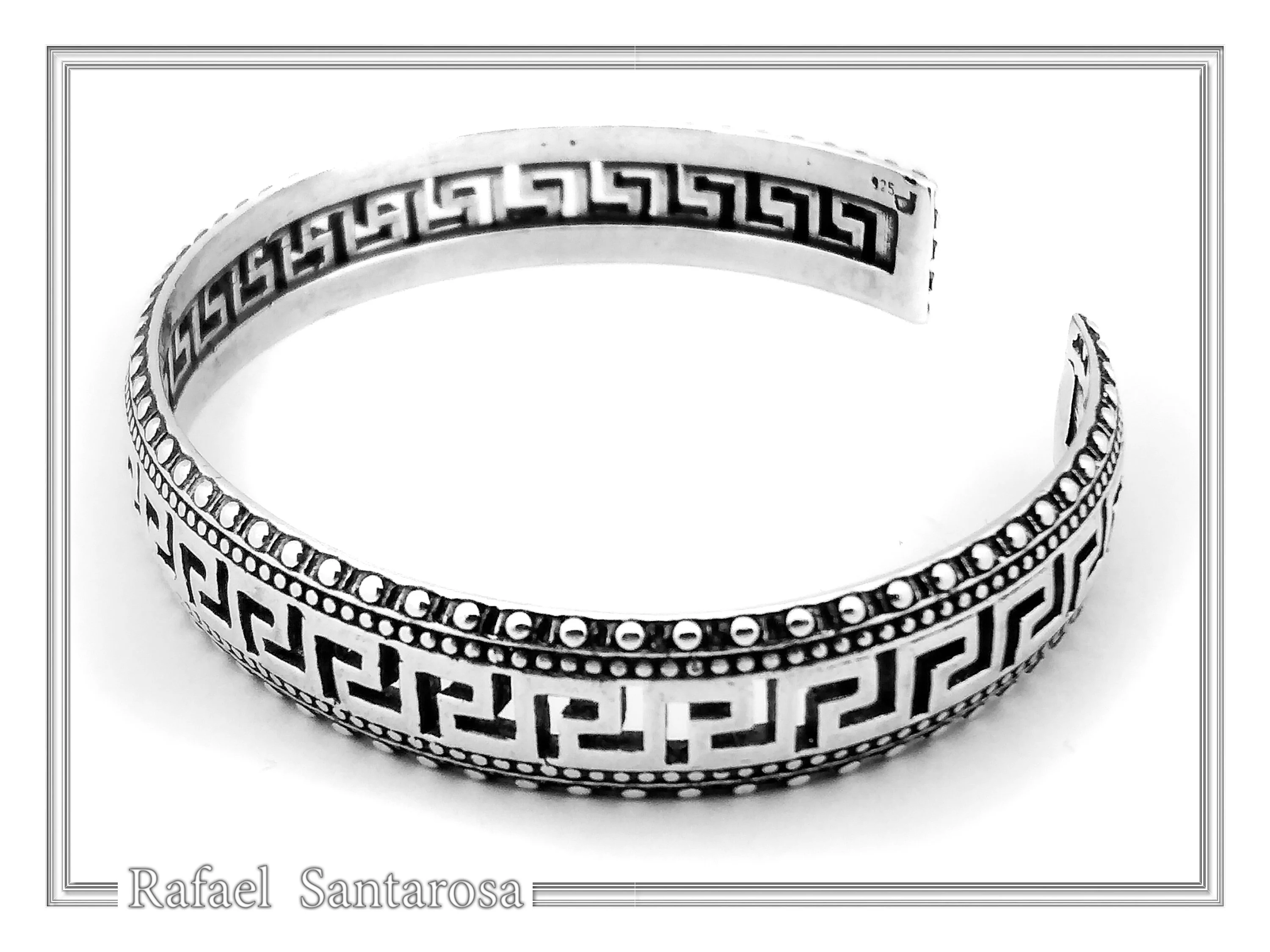Greek Key Meander Oxidized Sterling Silver Cuff Bracelet, Museum Inspired Unisex Adjustable Jewelry — additional product image 3 from Rafael Santarosa Fine Jewelry