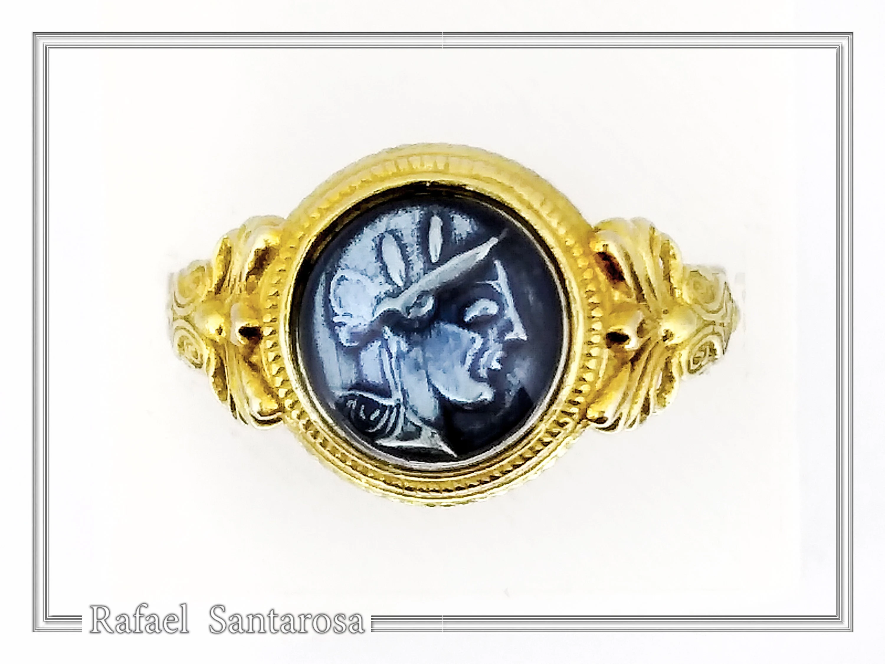 Athena Greek Goddess Head Coin Ring with Antefix Ornaments: Blue Enamel, 18K Gold-Filled Silver — additional product image 5 from Rafael Santarosa Fine Jewelry