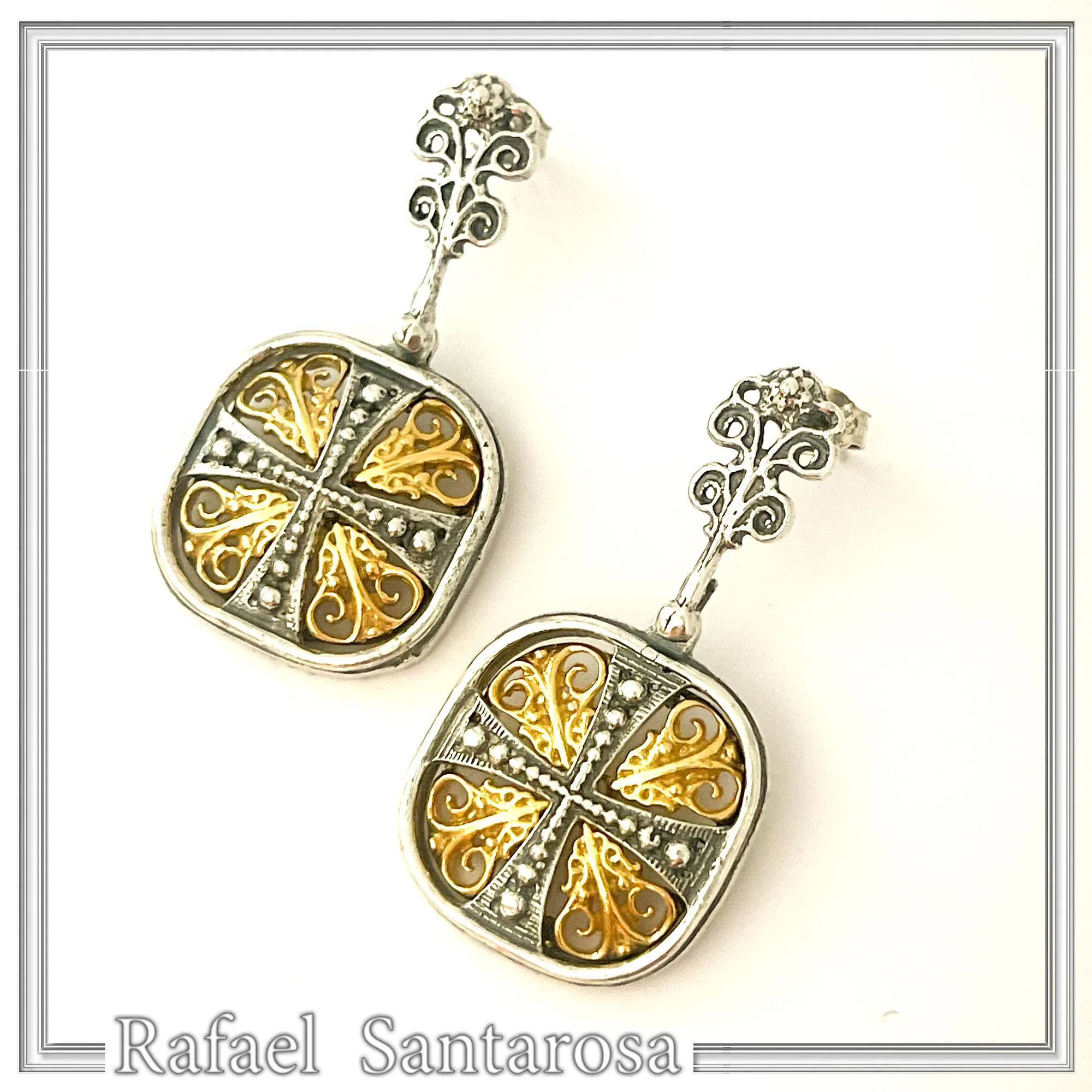 Byzantine Empire Orthodox Cross Earrings: Sterling Silver Oxidized & 18K Gold-Filled Filigree — additional product image 6 from Rafael Santarosa Fine Jewelry