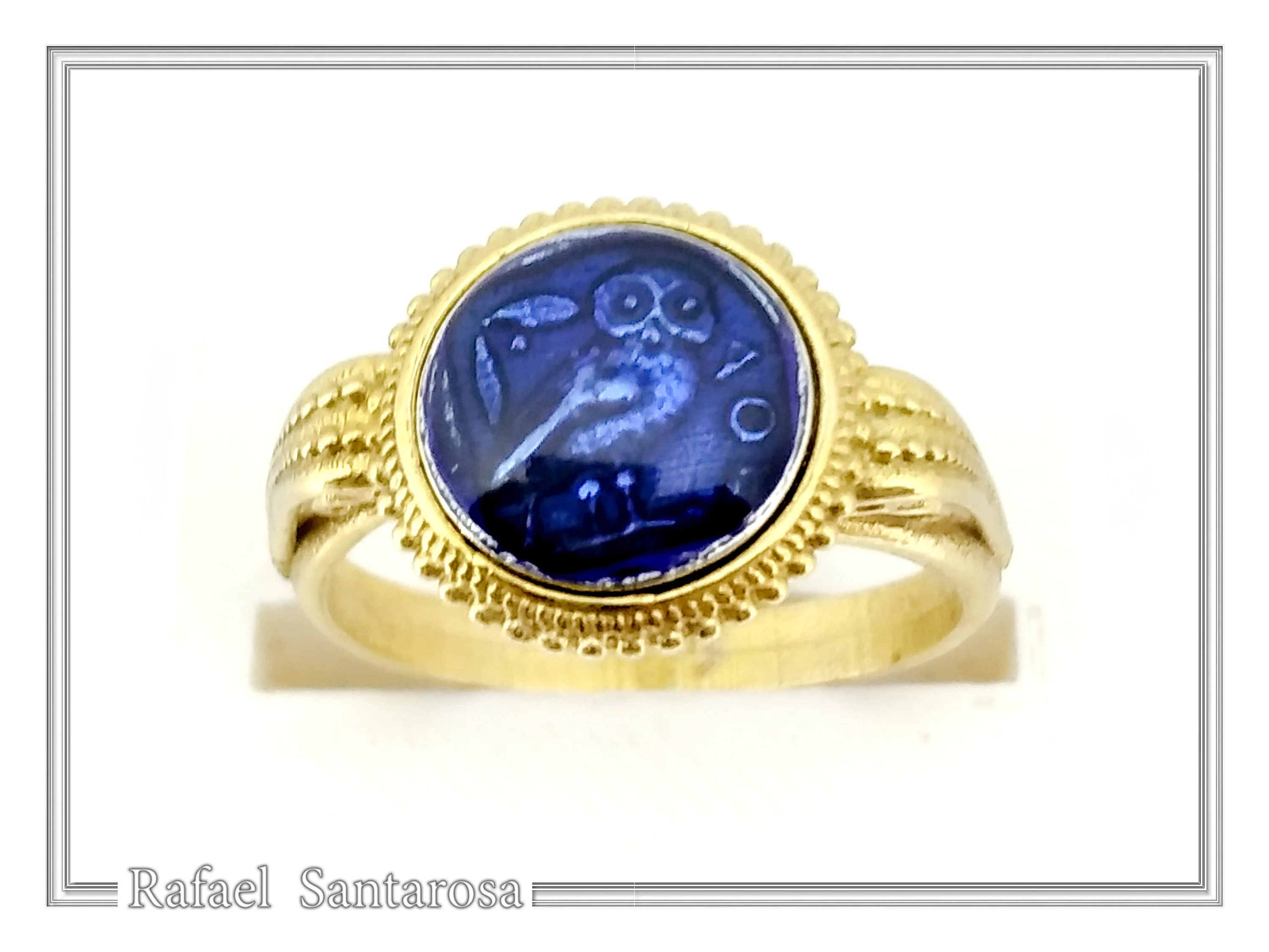 Athena Owl Coin Tetradrachm Ring: Blue Transparent Enamel on 18K Gold-Filled Filigree Sterling Silver — additional product image 7 from Rafael Santarosa Fine Jewelry