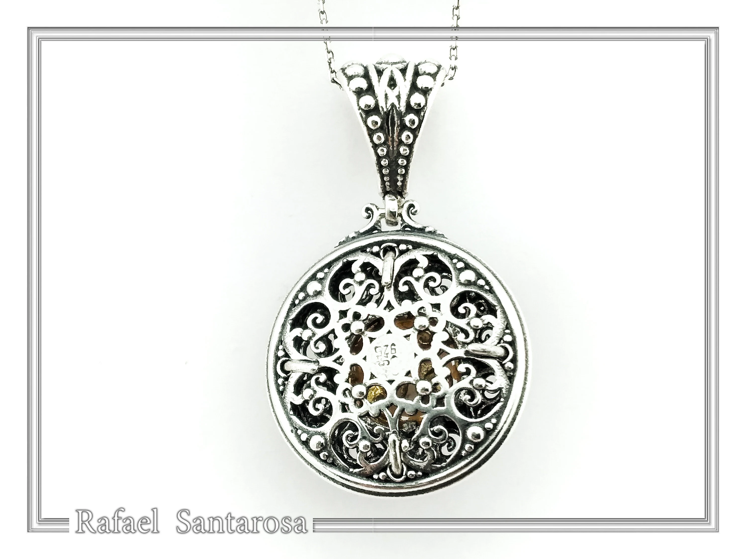 Byzantine natural Pearl Pendant: Oxidized Sterling Silver and Gold-Filled Filigree Necklace — additional product image 8 from Rafael Santarosa Fine Jewelry