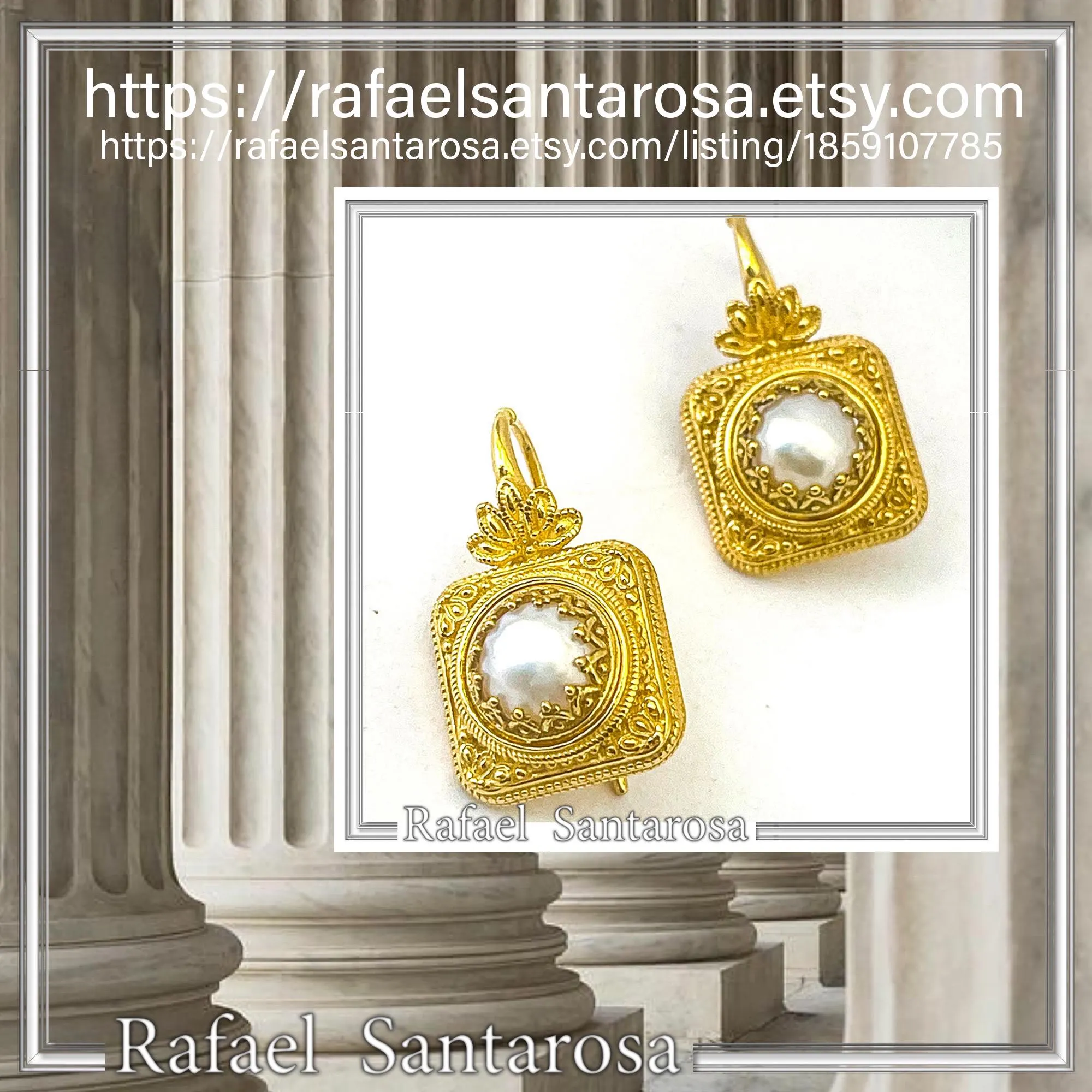 Ancient Greek Pearl Earrings: Sterling Silver 18K Gold-Filled Filigree Byzantine way Decoration — additional product image 10 from Rafael Santarosa Fine Jewelry
