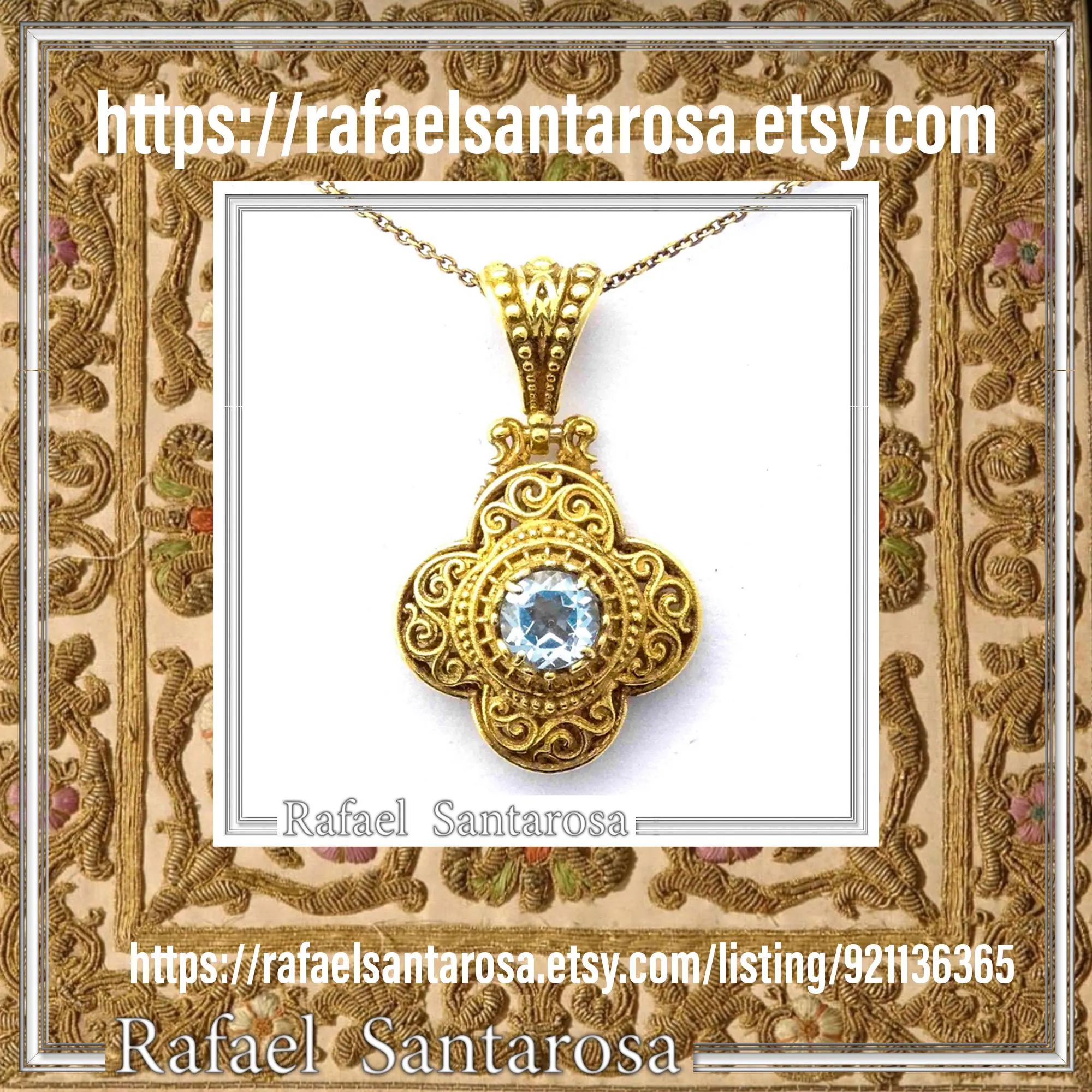 Byzantine Cross Sky-Blue Topaz Pendant: Handmade Filigree 18k Gold Filled Sterling Silver Necklace — additional product image 10 from Rafael Santarosa Fine Jewelry