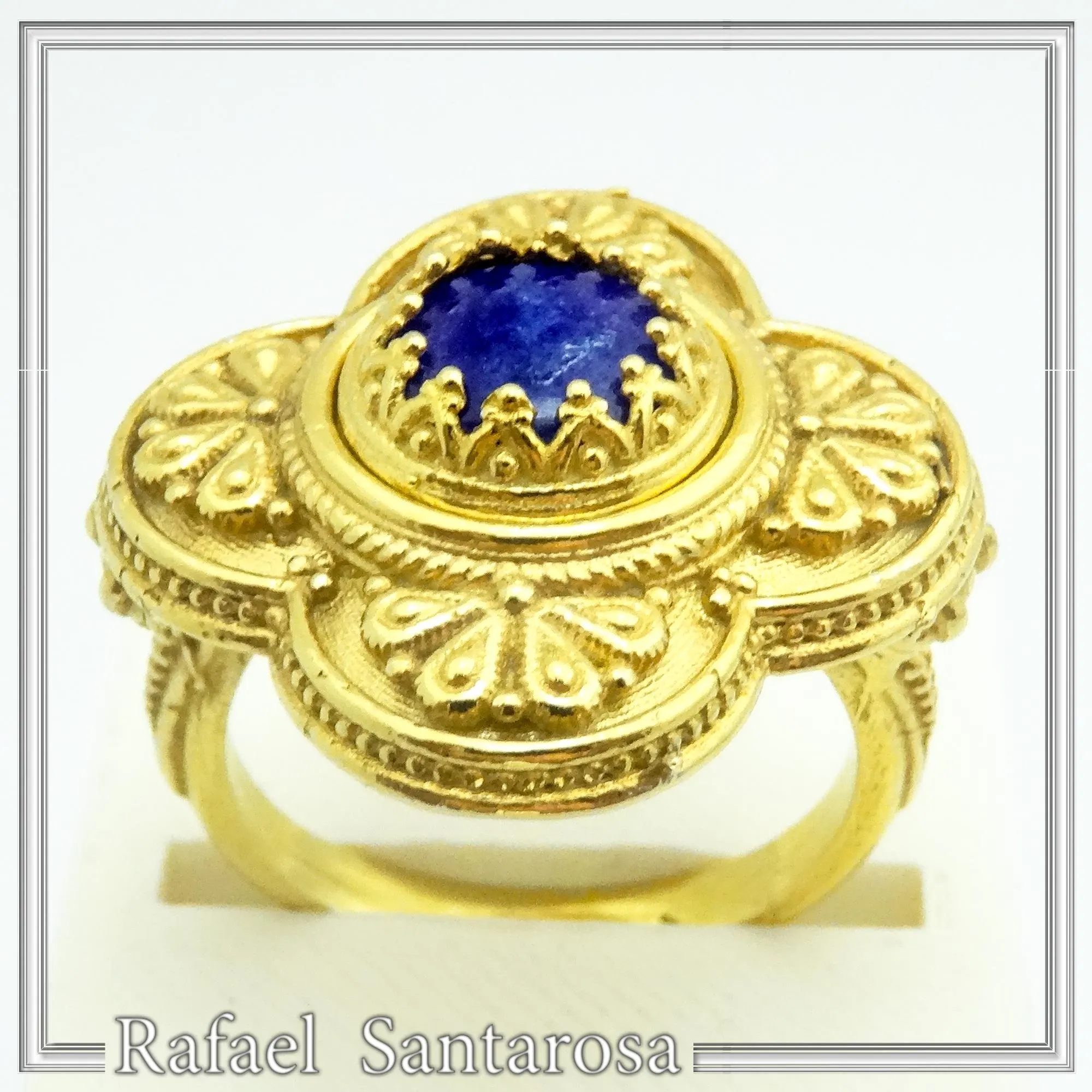 Byzantine Christian Cross Genuine Lapis Lazuli Ring: 18K Gold Filled Sterling Silver Filigree