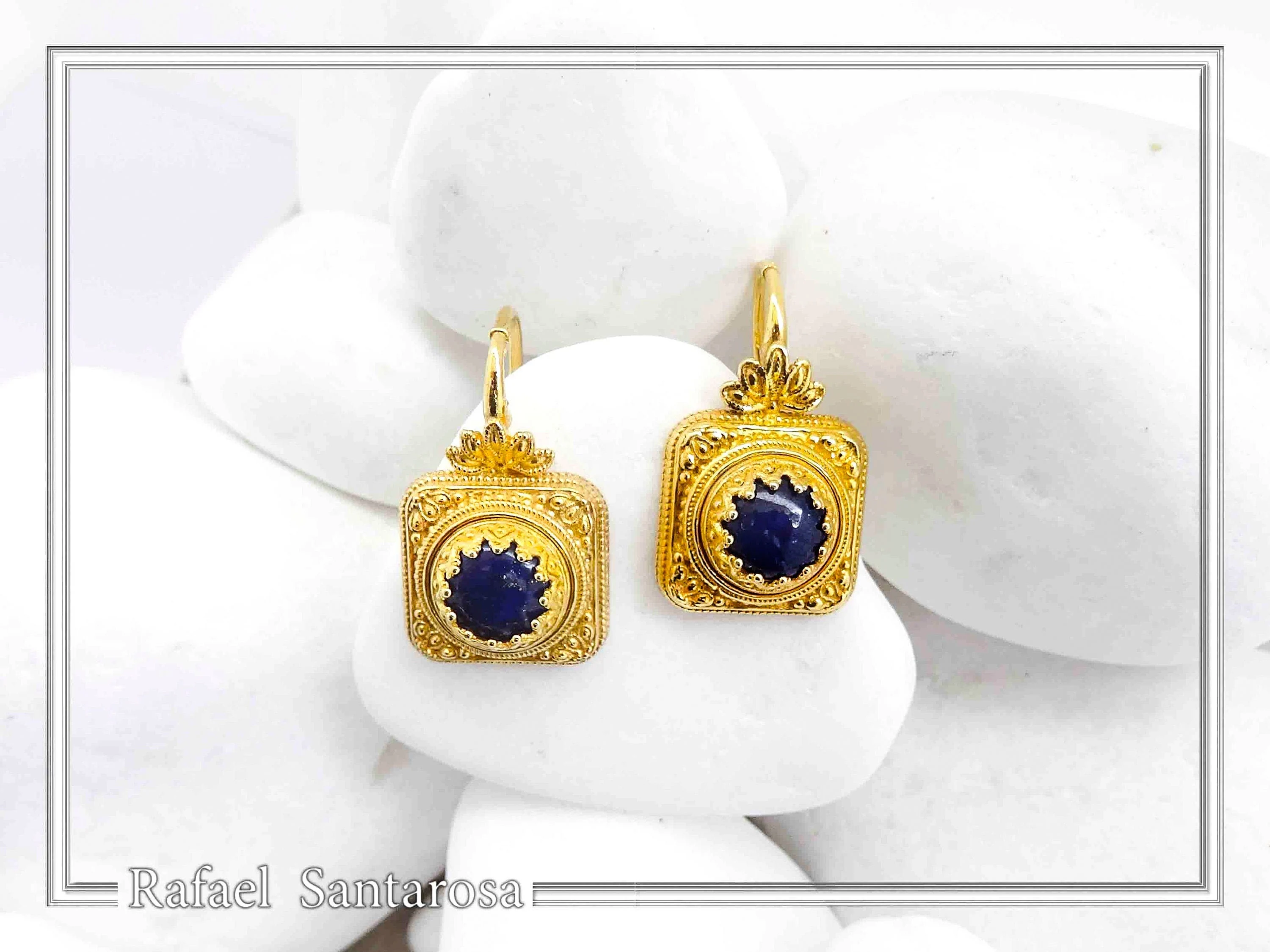 Genuine Lapis Lazuli Ancient Greek Style Earrings: 18K Gold-Filled Sterling Silver, Museum Jewelry — additional product image 4 from Rafael Santarosa Fine Jewelry