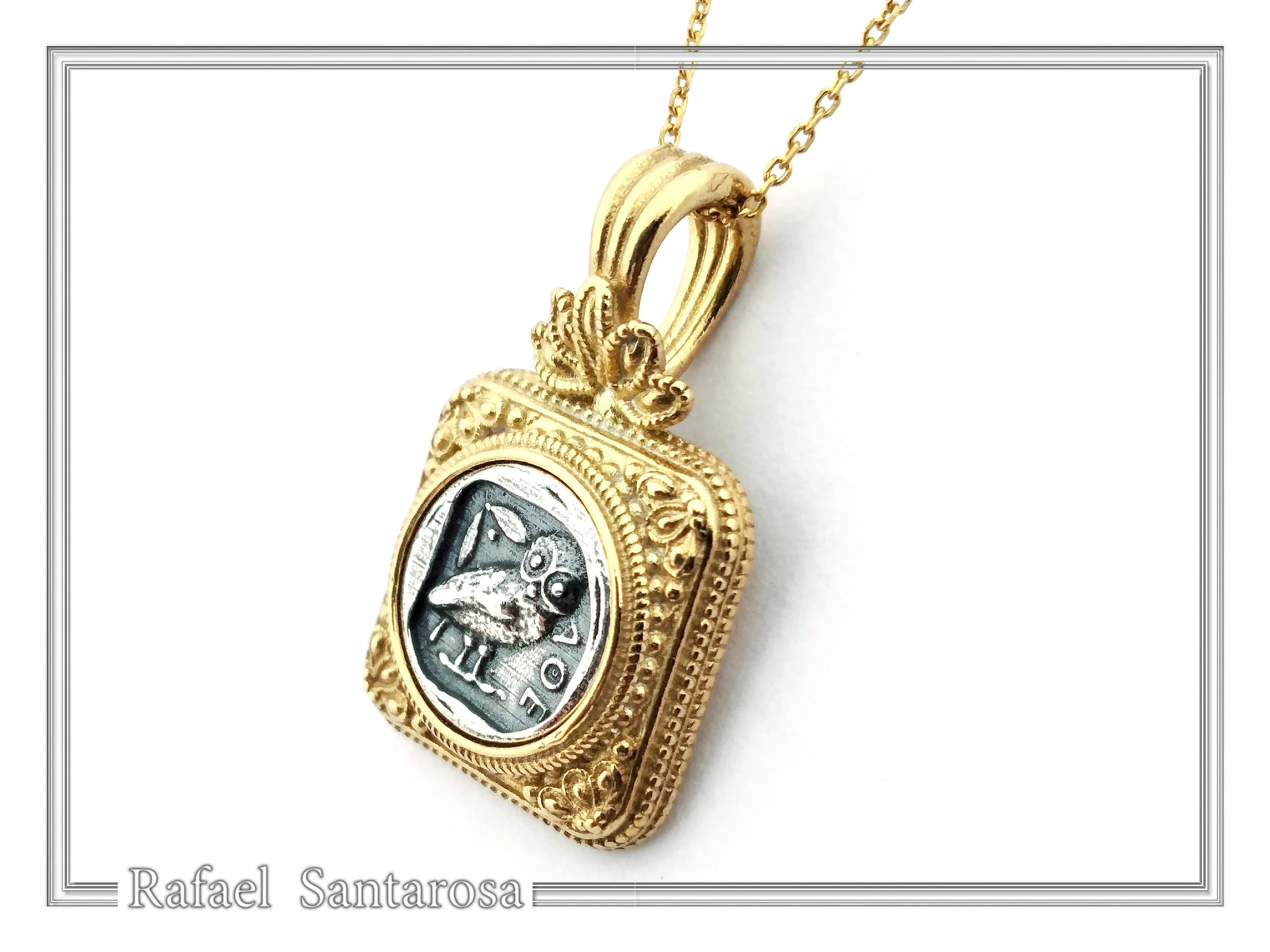 Athena Owl Tetradrachm Coin Ancient Greek Style Necklace: Oxidized Sterling Silver & 18K Gold filled — additional product image 5 from Rafael Santarosa Fine Jewelry