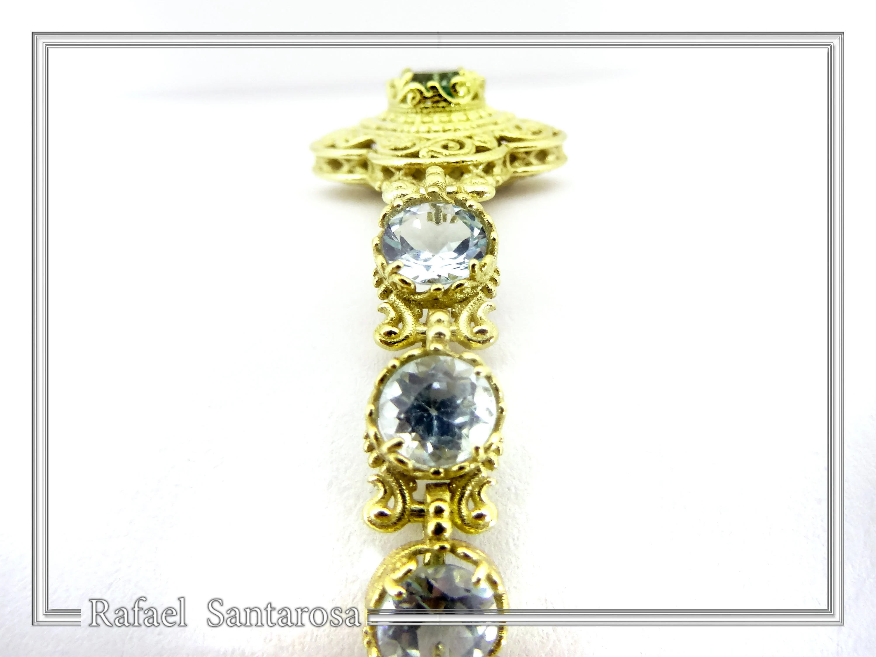 18K Gold Beaded Bracelet Handcrafted Byzantine Cross Filigree: Natural Genuine Sky-Blue Topaz Gemstones — additional product image 8 from Rafael Santarosa Fine Jewelry