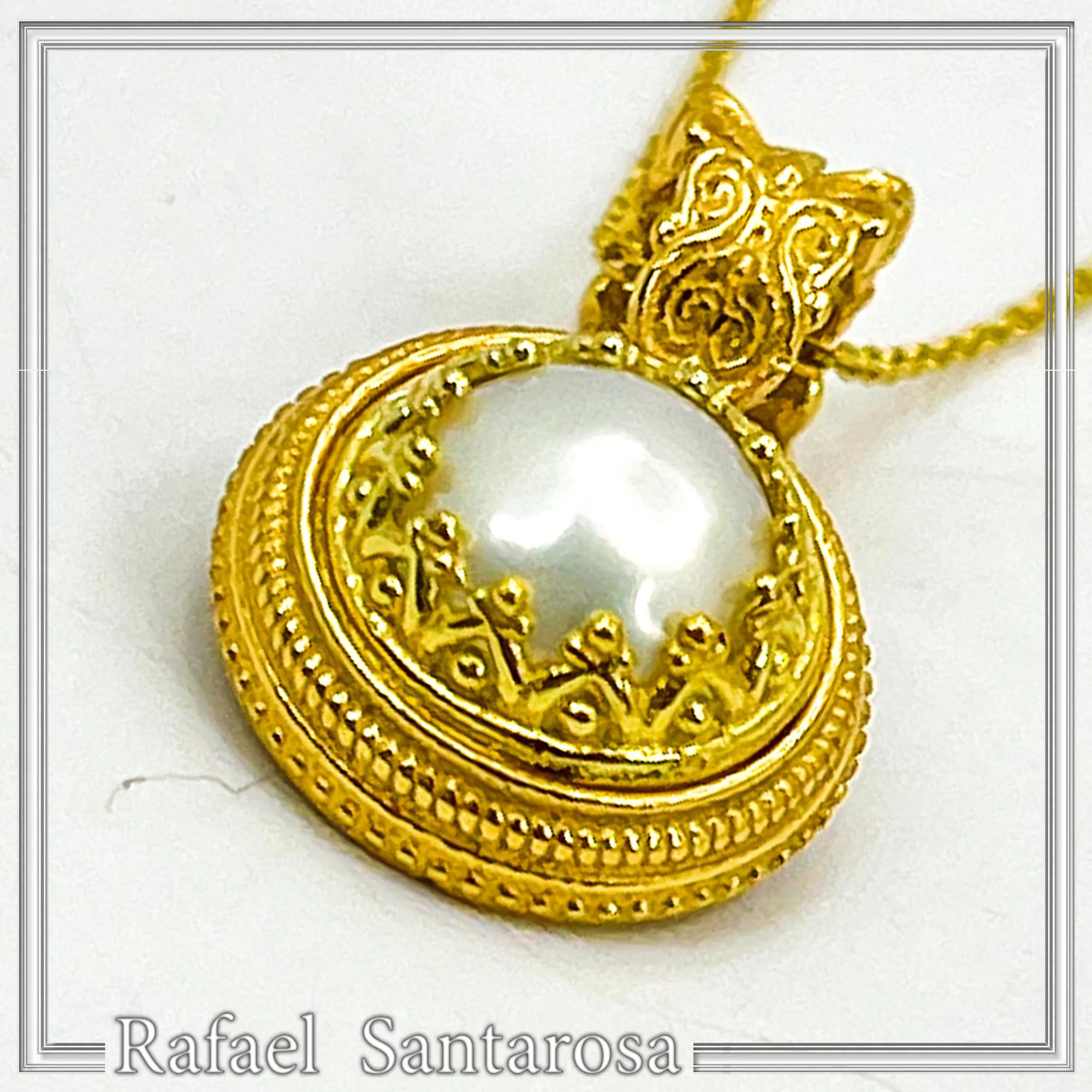 Natural Pearl Necklace: Ancient Greek style Filigree 18K Gold-Filled Pendant — additional product image 6 from Rafael Santarosa Fine Jewelry