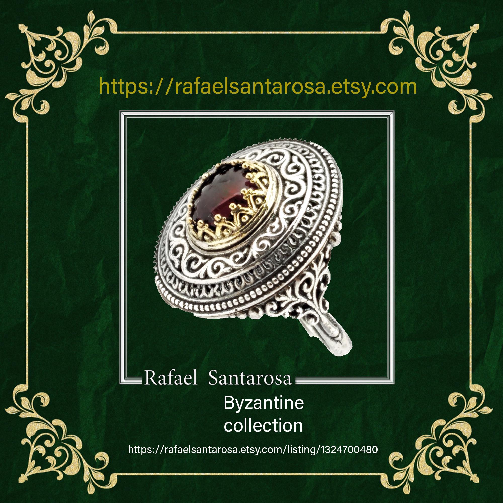 Dark Red Genuine Garnet Byzantine Style Ring: Oxidized Sterling Silver & 18K Gold Filled Bezel — additional product image 10 from Rafael Santarosa Fine Jewelry