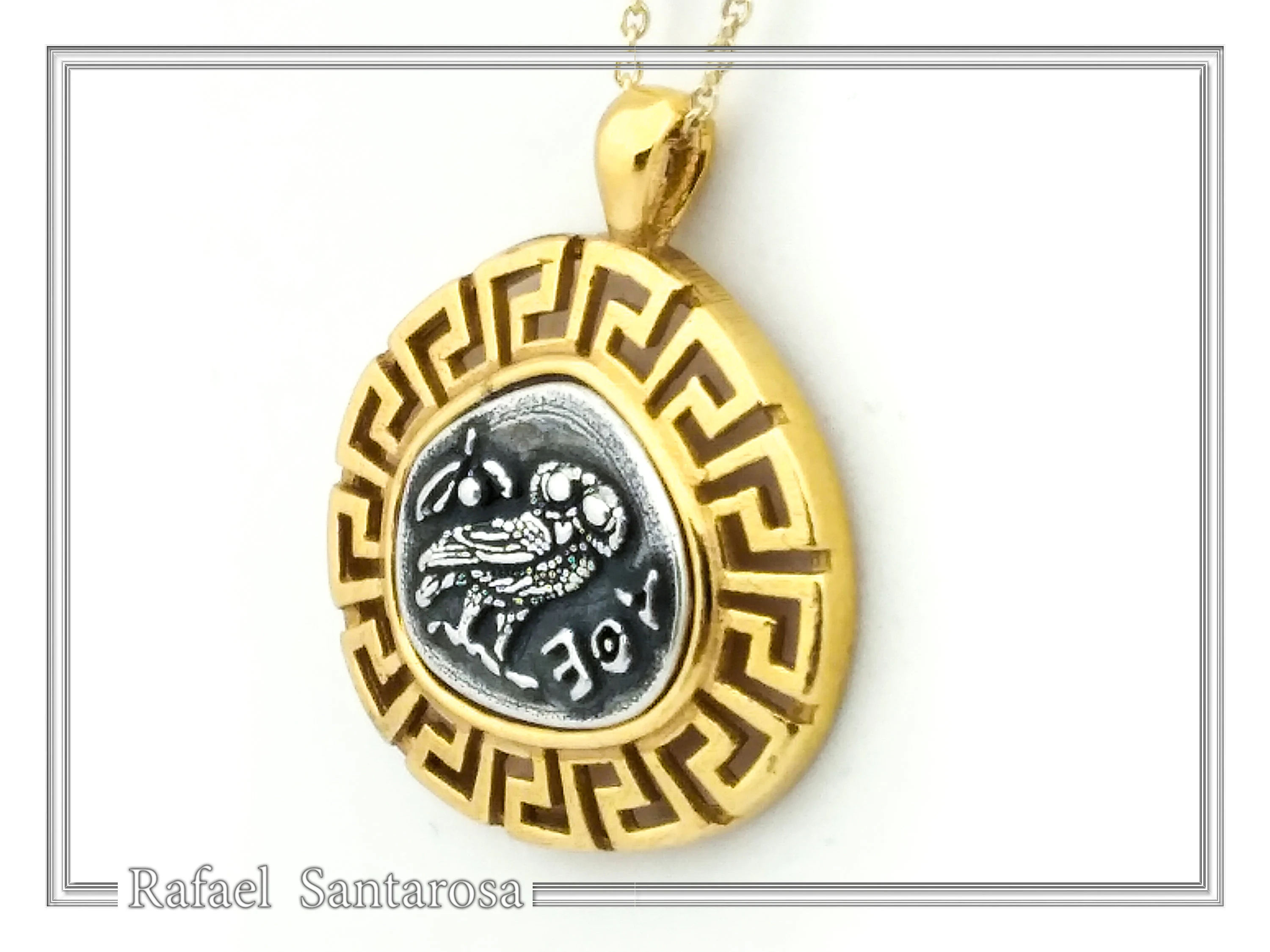 Athena Owl Coin Greek Key Pendant, Museum Jewelry: Oxidized & 18K Gold Filled Sterling Silver — additional product image 4 from Rafael Santarosa Fine Jewelry