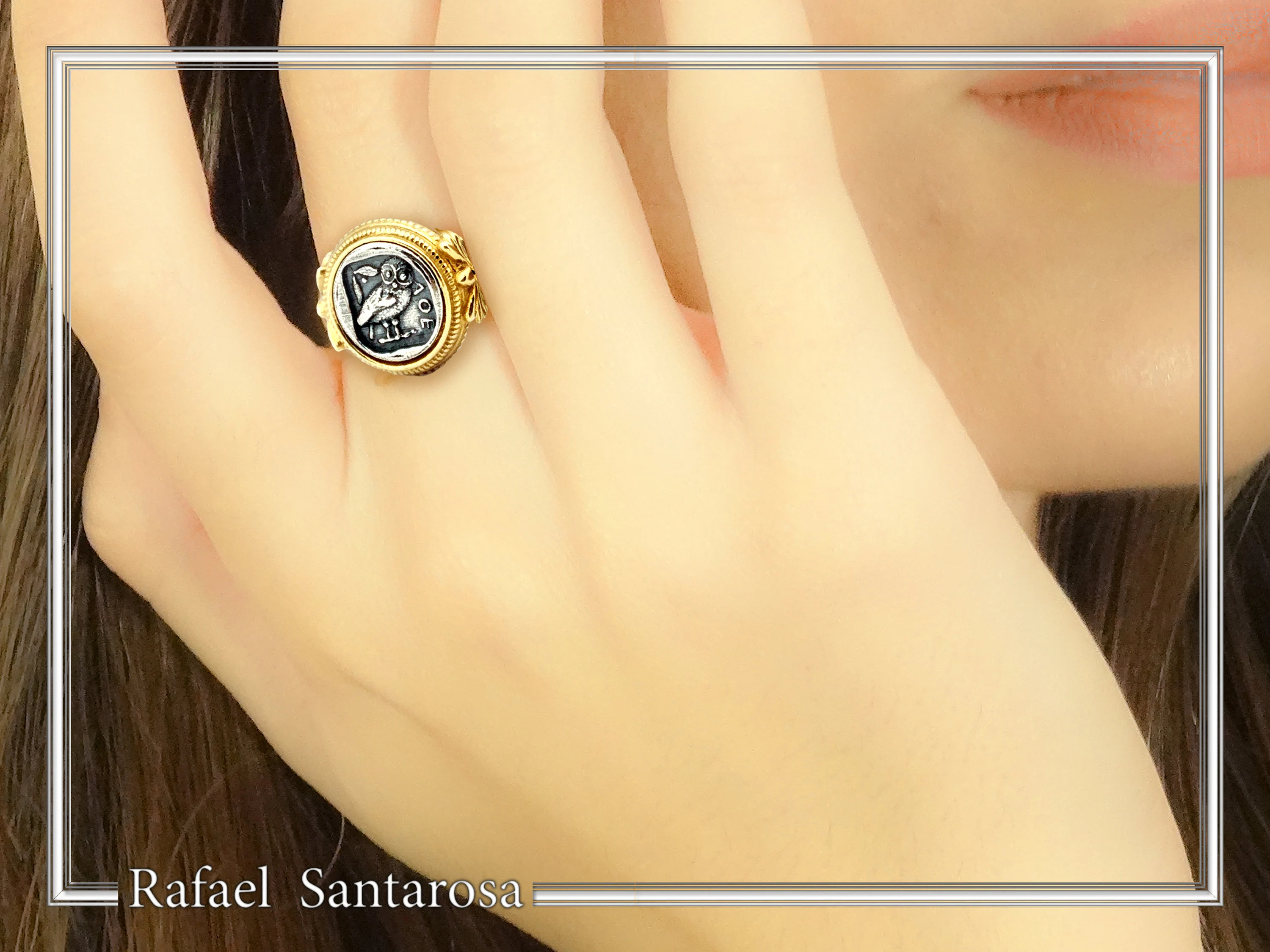 Tetradrachm Athena Owl Replica Greek Coin Ring, Antefix Filigree decoration: Sterling Silver oxidized & Gold-Filled — additional product image 3 from Rafael Santarosa Fine Jewelry