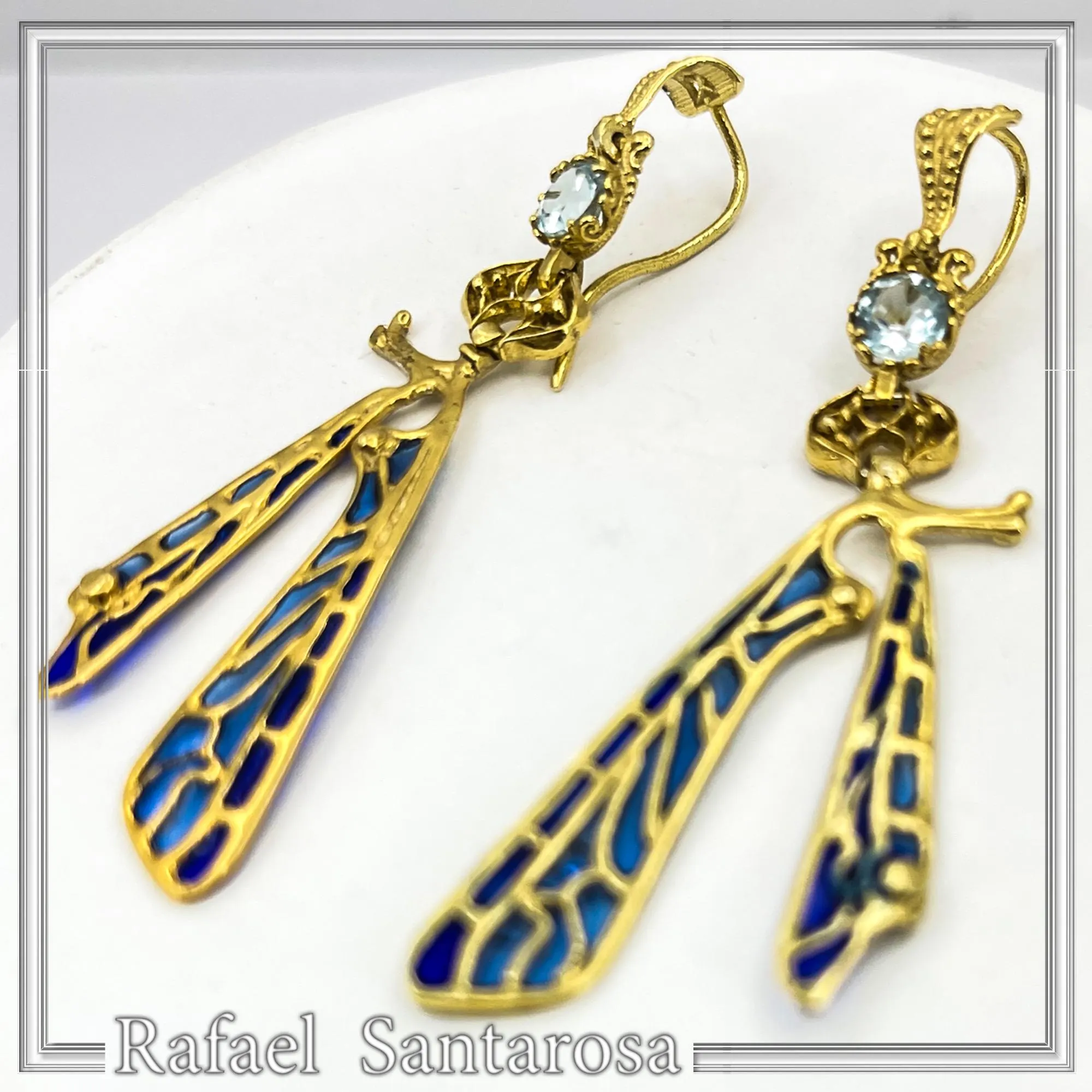 Art Nouveau Dragonfly feather Sterling Silver Earrings Gold Filled Blue Enamel Sky Blue Topaz Handmade Jewelry — additional product image 3 from Rafael Santarosa Fine Jewelry