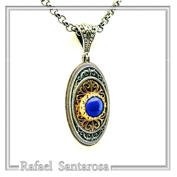 Genuine Lapis Lazuli Byzantine Way Crafted Pendant: Oxidised & Gold-Filled Sterling Silver — additional product image 4 from Rafael Santarosa Fine Jewelry