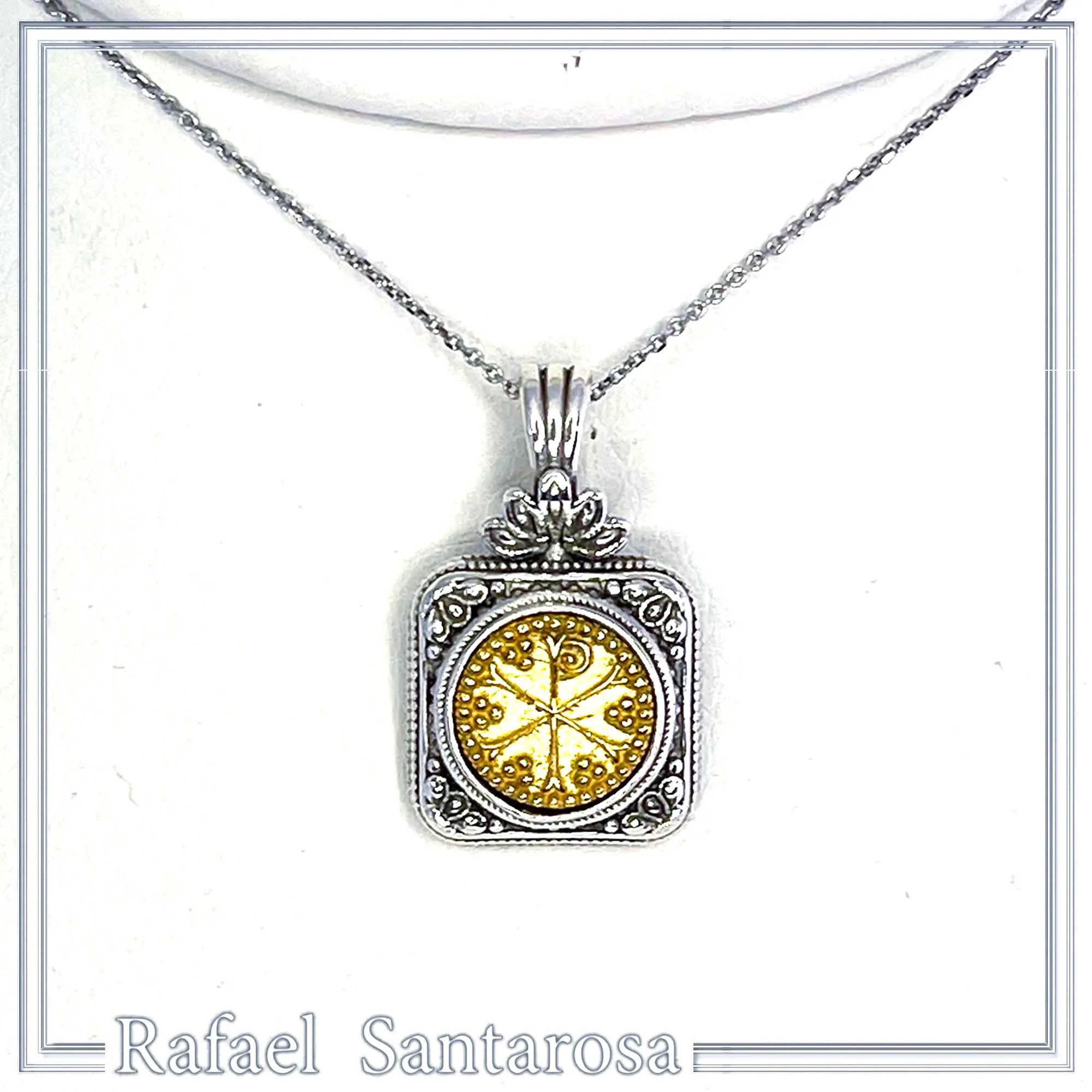 Chi Ro Christogram 18k sold Gold on Oxidized Sterling Silver filigree Pendant: Byzantine Talisman — additional product image 6 from Rafael Santarosa Fine Jewelry