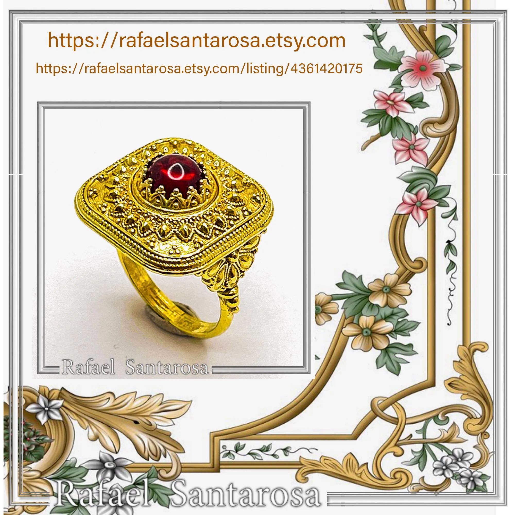 Byzantine Natural Garnet Statement Ring: 18K Gold Filled Granulation Filigree Sterling Silver — additional product image 10 from Rafael Santarosa Fine Jewelry
