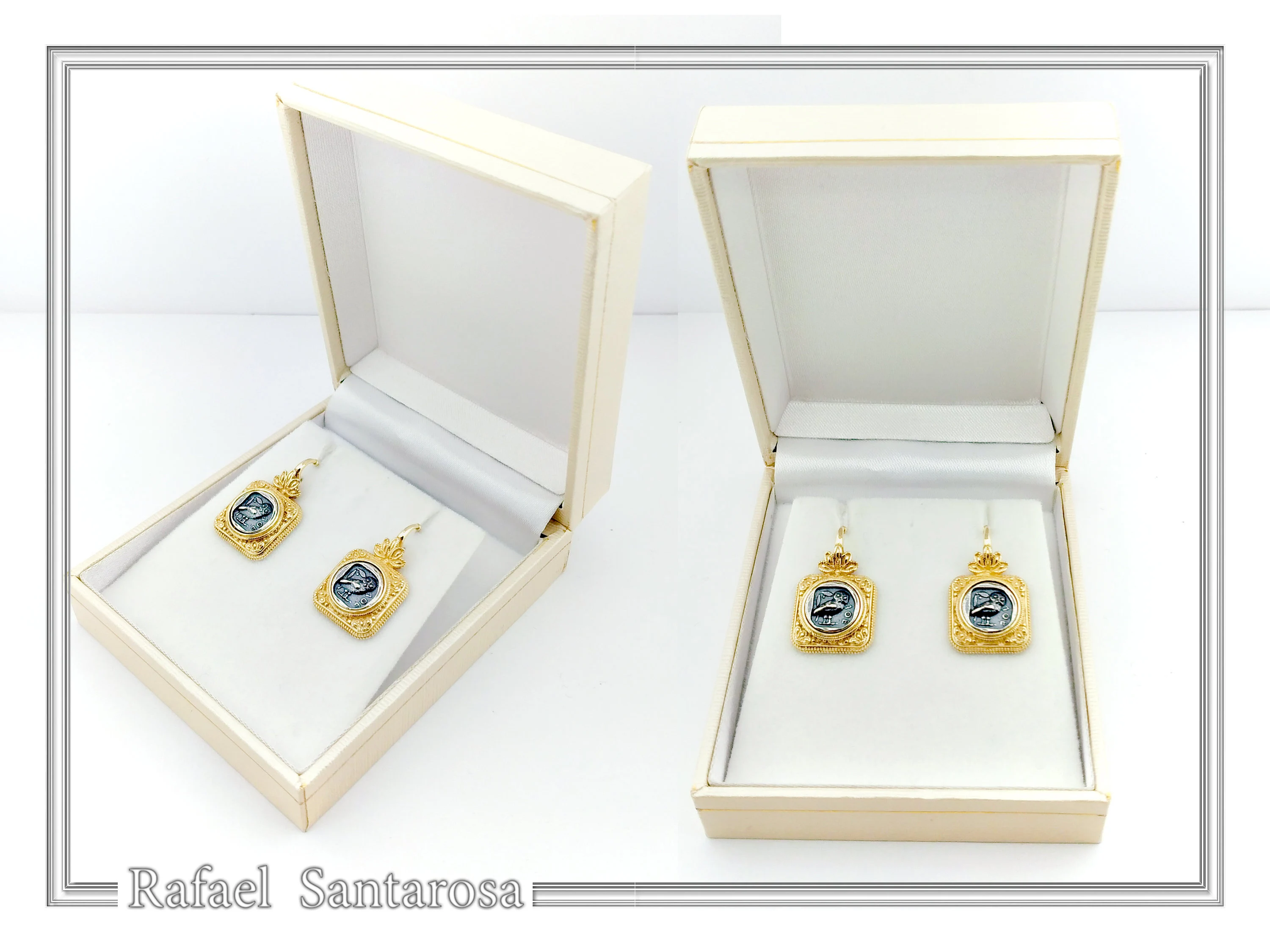 Athena Owl Coin Greek Museum Earrings: 18K Gold Filled Filigree and Oxidised Sterling Silver — additional product image 10 from Rafael Santarosa Fine Jewelry