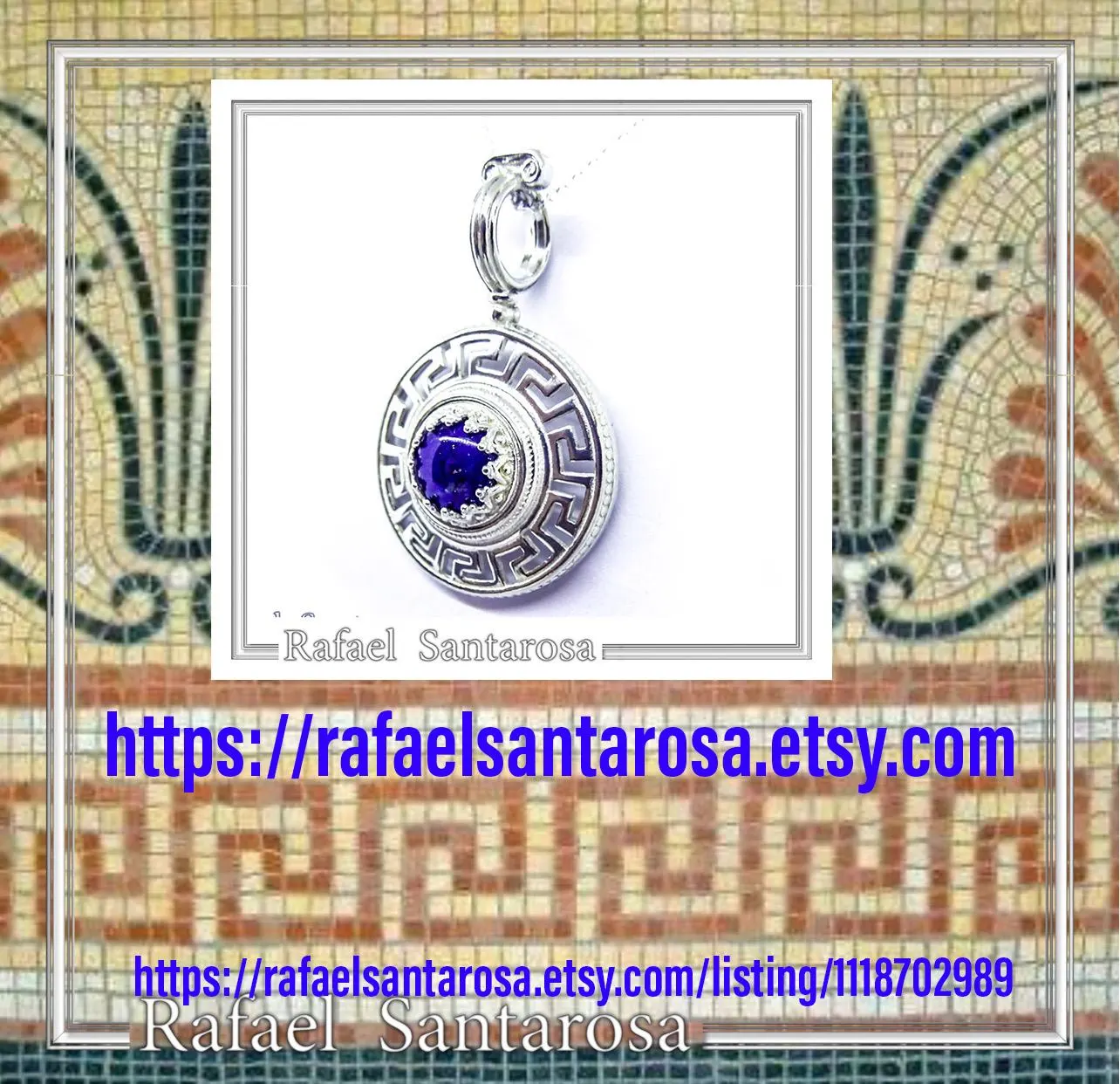 Natural Lapis Lazuli Greek Key Wreath Necklace: Sterling Silver Pendant — additional product image 10 from Rafael Santarosa Fine Jewelry