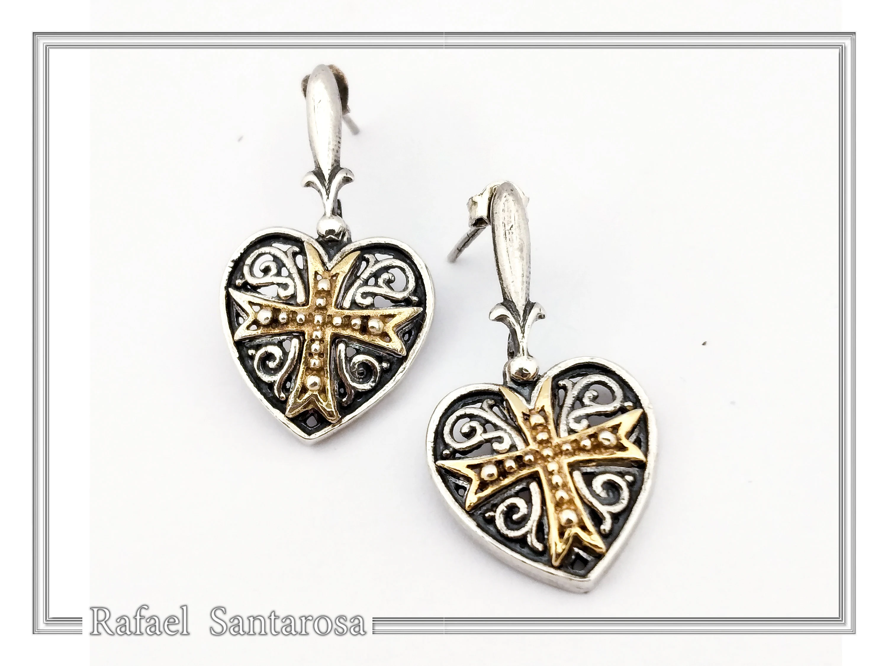Maltese Knights Cross Holy Heart Earrings: Oxidized Sterling Silver and Gold-Filled — additional product image 5 from Rafael Santarosa Fine Jewelry