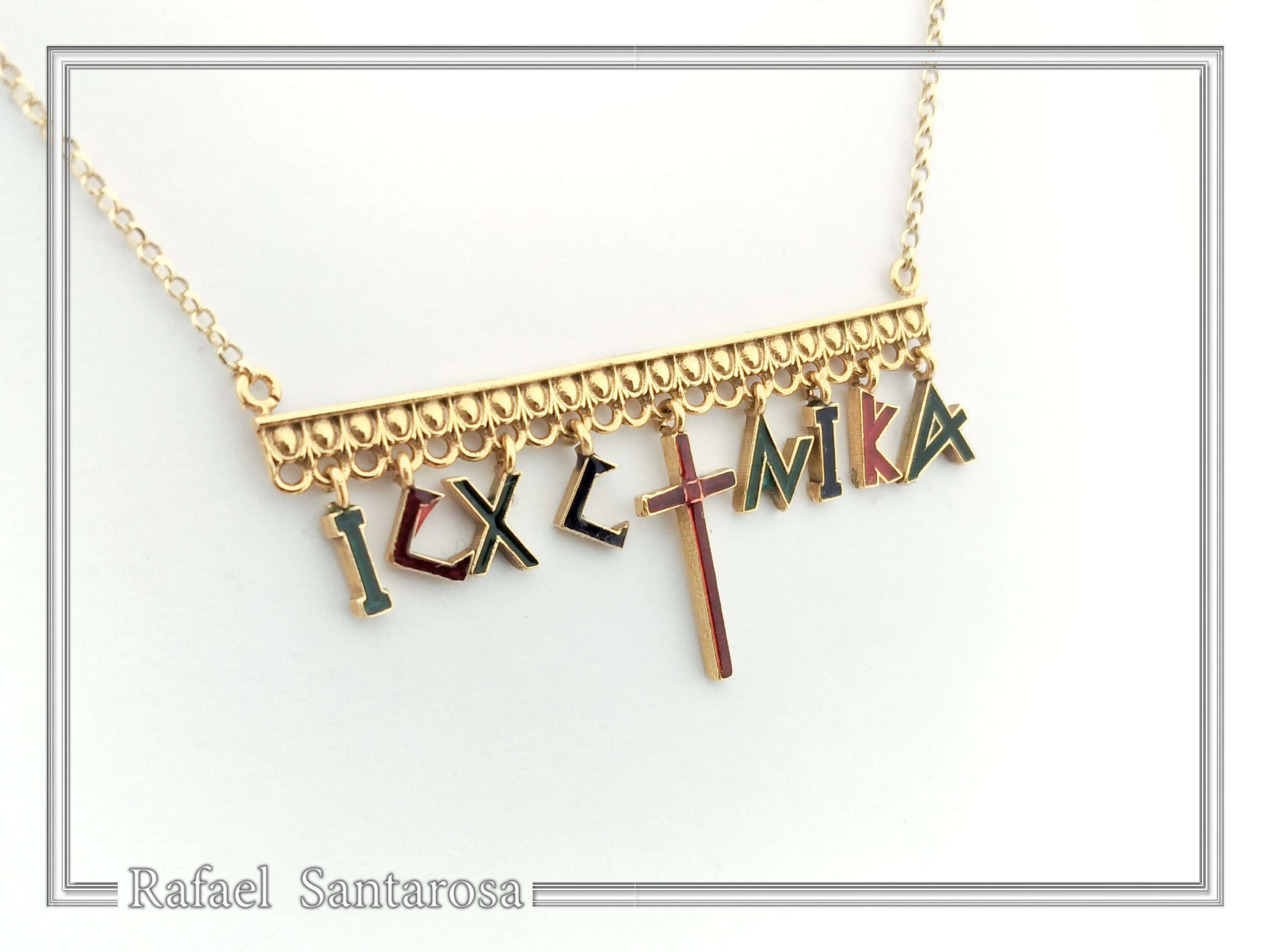 IC XC NIKA Dangle Necklace: Handmade Silver Gold Filled and enamel Christogram Talisman — additional product image 5 from Rafael Santarosa Fine Jewelry