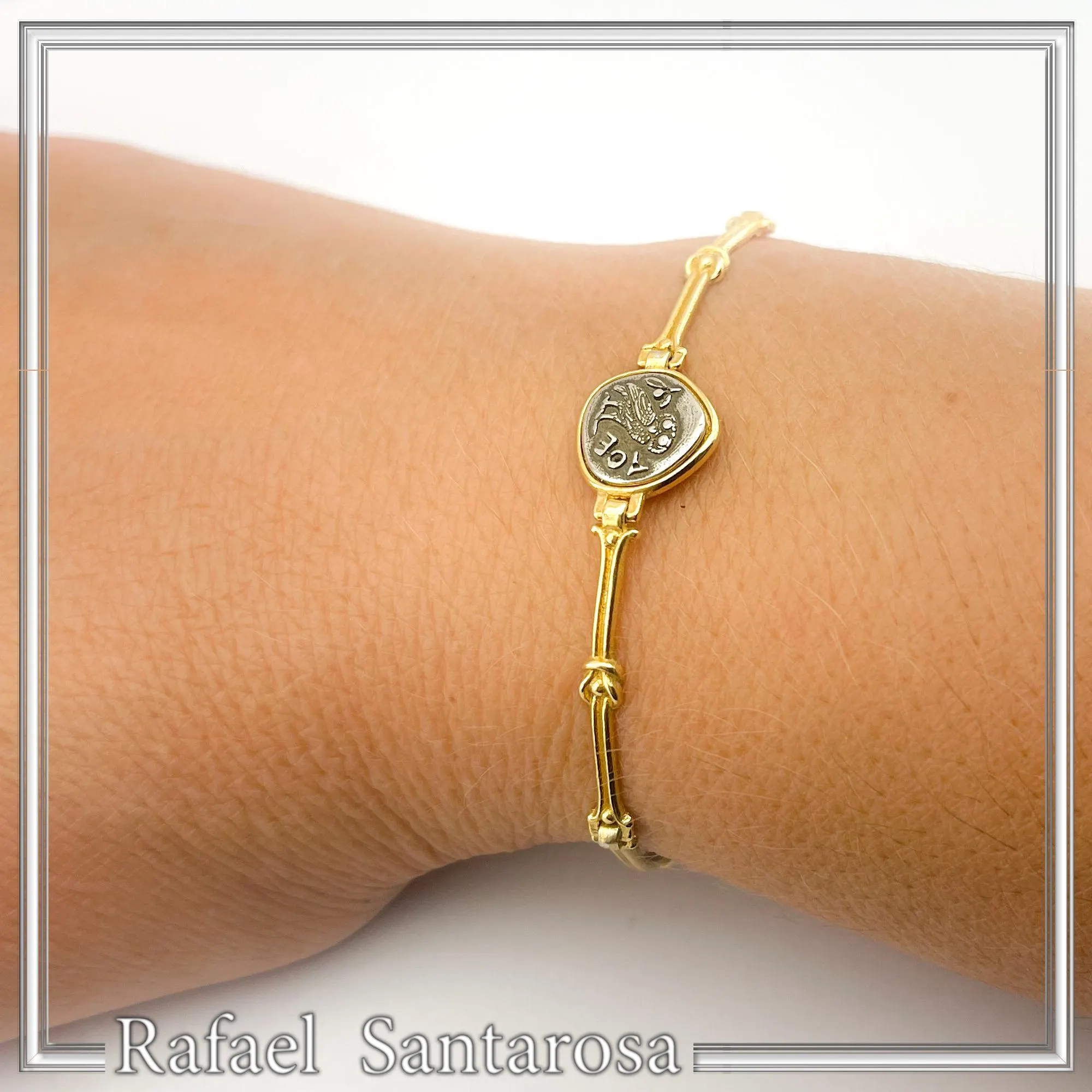 Athena Goddess Wisdom Owl Coin Bracelet: Oxidized & 18K Gold Filled Sterling Silver — additional product image 3 from Rafael Santarosa Fine Jewelry