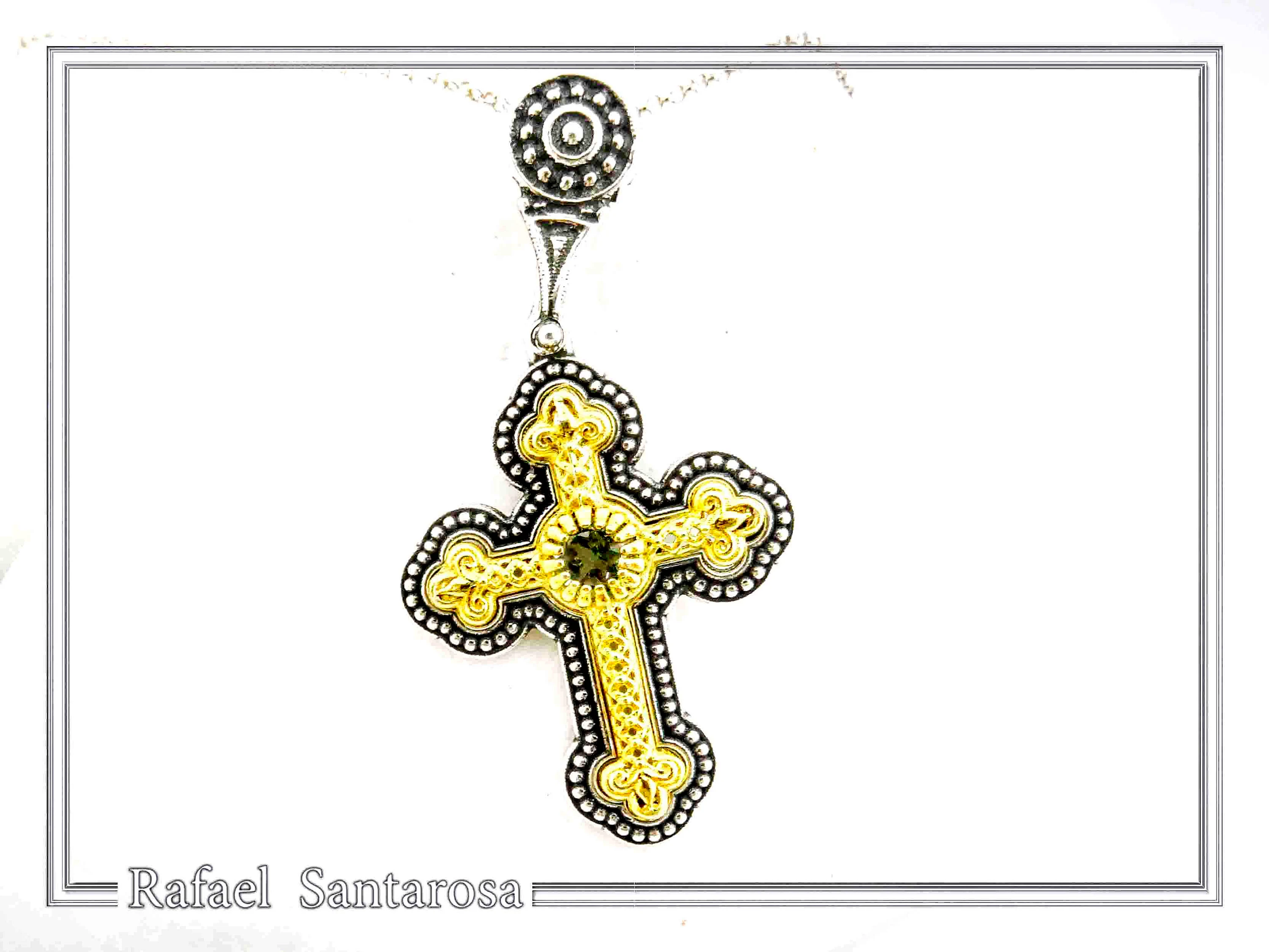 Genuine Sky-Blue Topaz Byzantine Filigree Cross Necklace: Silver oxidised & 18K Gold filled — additional product image 3 from Rafael Santarosa Fine Jewelry