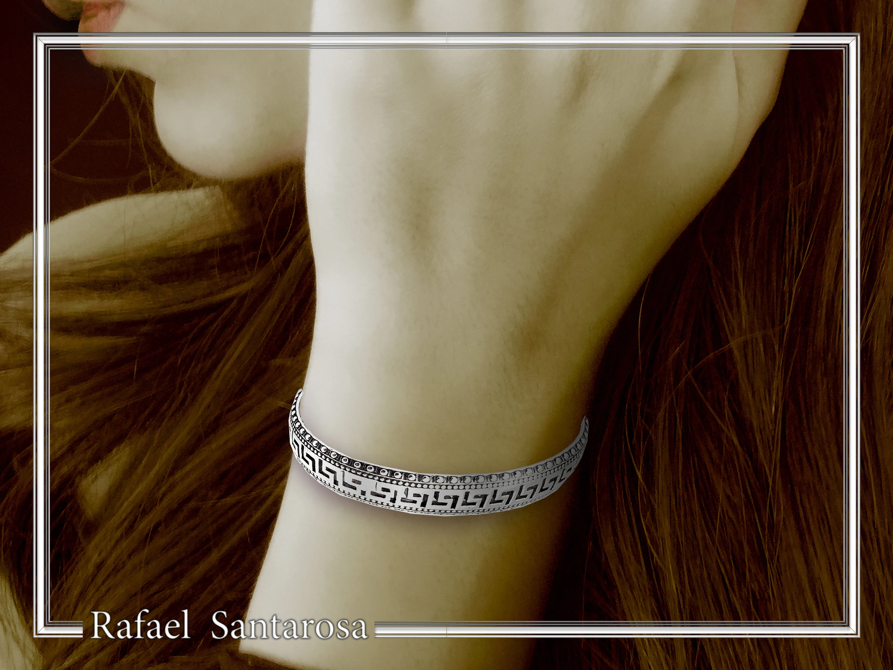 Greek Key Meander Oxidized Sterling Silver Cuff Bracelet, Museum Inspired Unisex Adjustable Jewelry — additional product image 2 from Rafael Santarosa Fine Jewelry