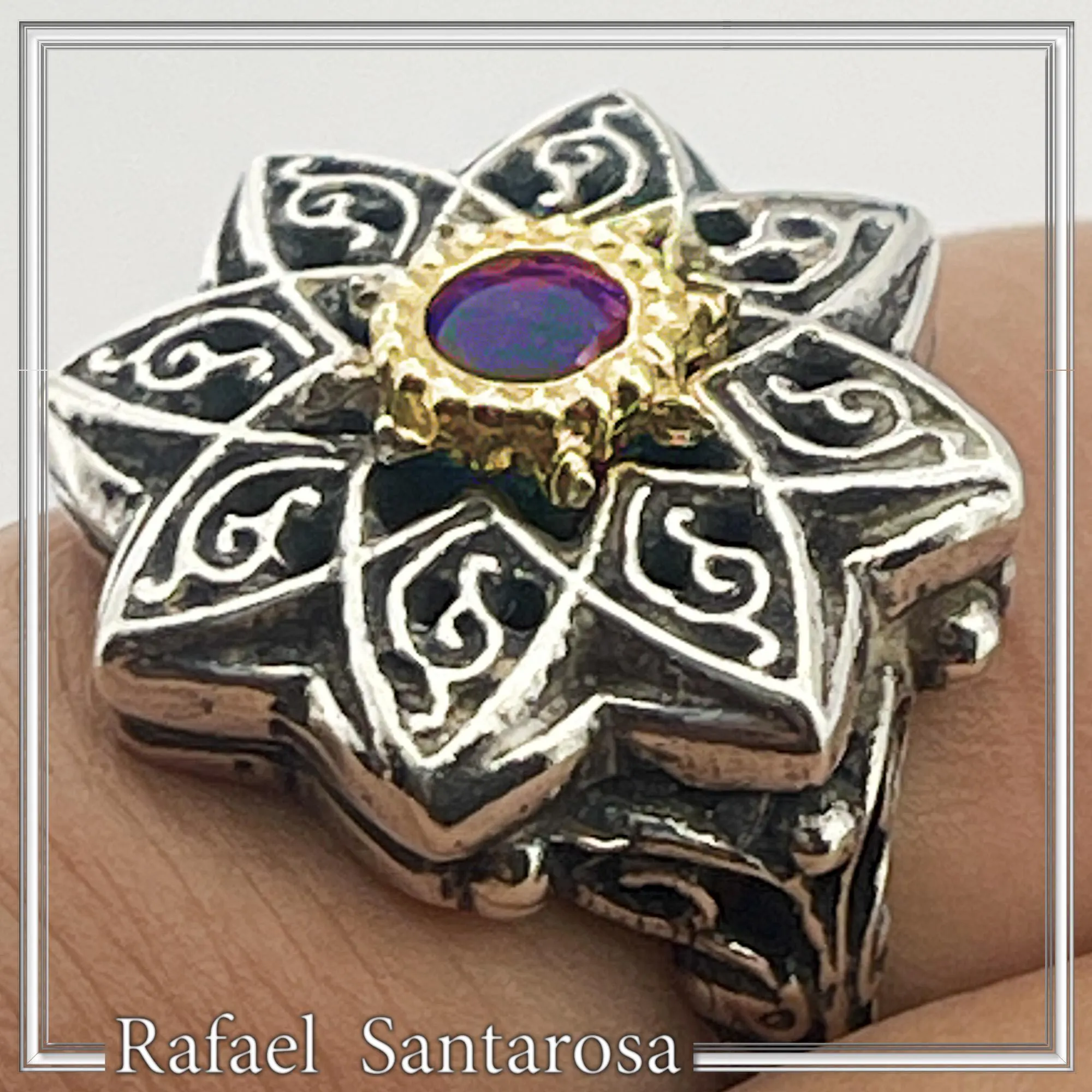 Natural African Amethyst Byzantine Ring: Oxidized Silver & 18k Gold Filled Filigree Bezel — additional product image 4 from Rafael Santarosa Fine Jewelry