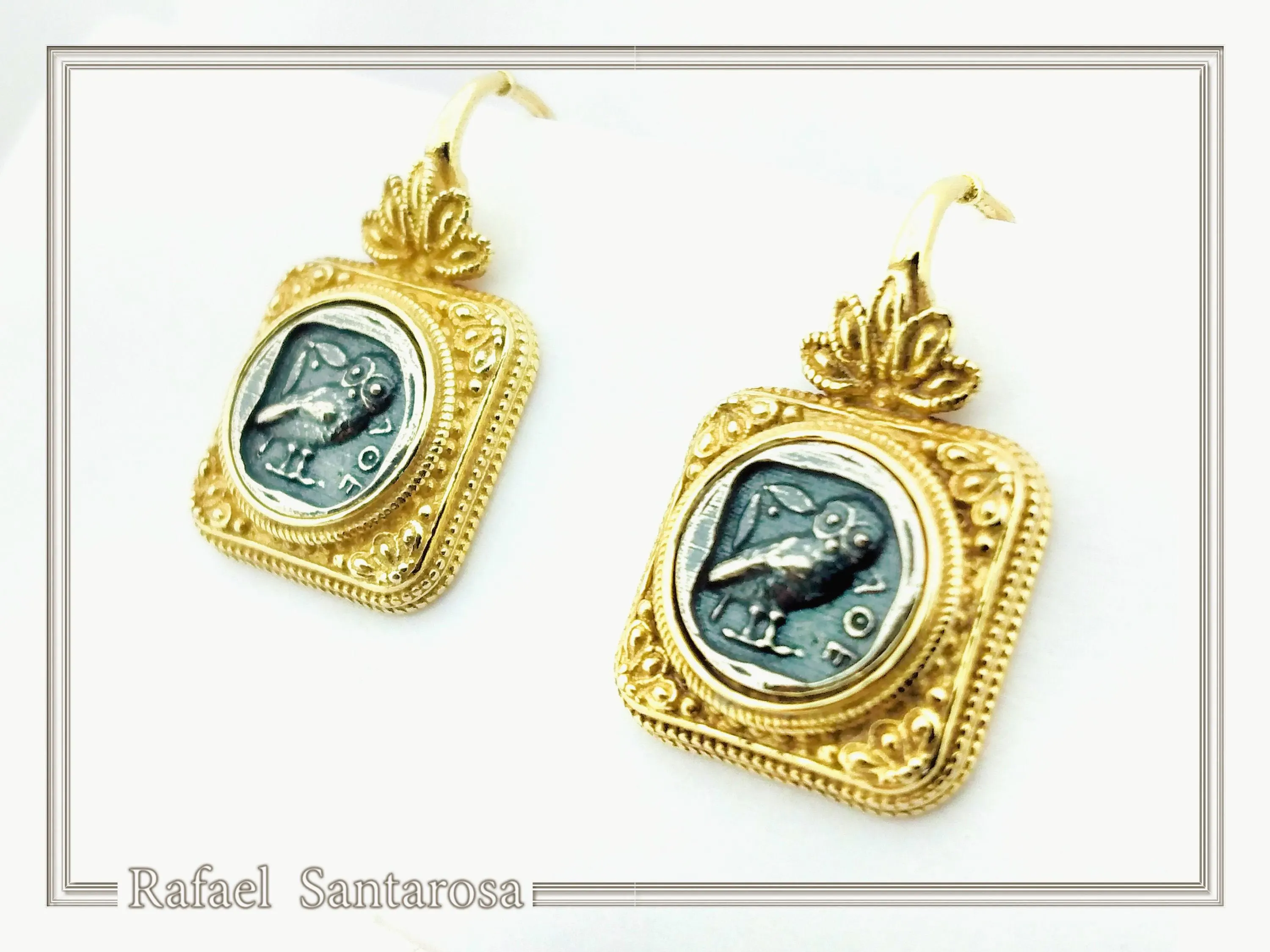 Athena Owl Coin Greek Museum Earrings: 18K Gold Filled Filigree and Oxidised Sterling Silver — additional product image 4 from Rafael Santarosa Fine Jewelry