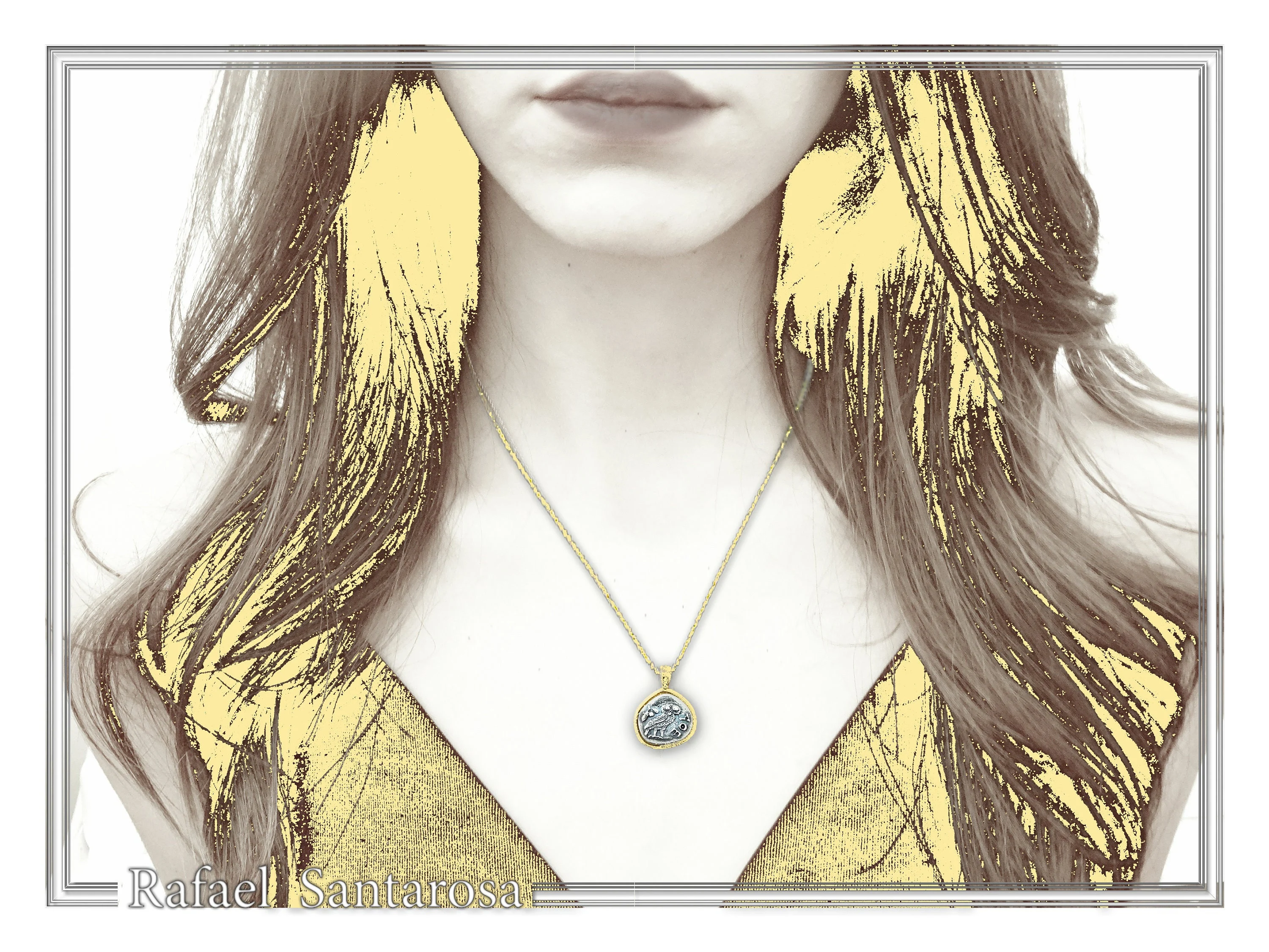 Athena Goddess Coin Pendant, Greek Museum Replica Necklace: Oxidized & 18K Gold Filled Sterling Silver — additional product image 4 from Rafael Santarosa Fine Jewelry
