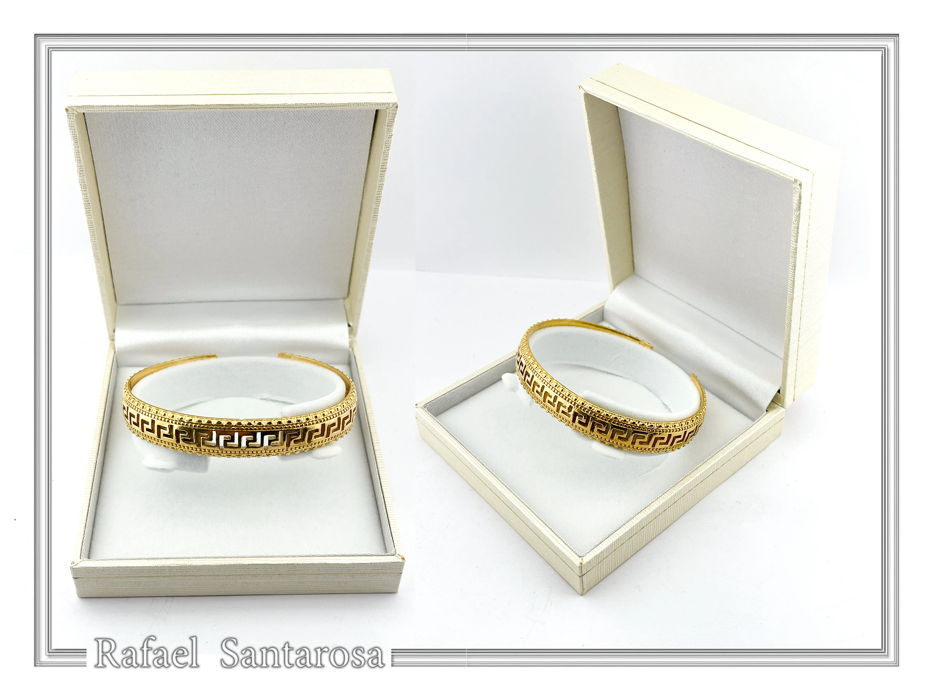 Greek Key Meander Design Adjustable Cuff Bracelet: Sterling Silver 18K Gold Filled — additional product image 8 from Rafael Santarosa Fine Jewelry