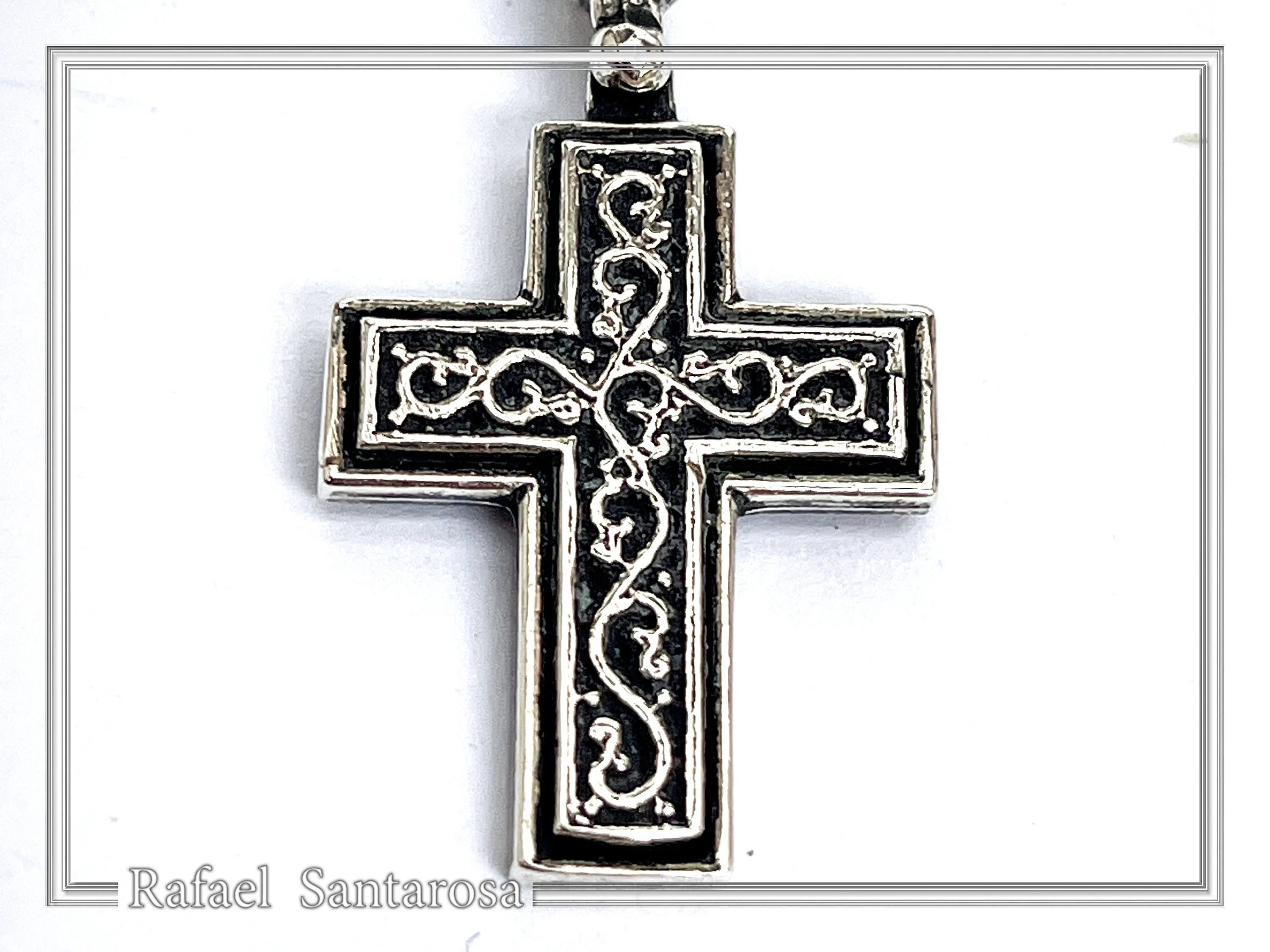 Oxidized Sterling Silver Men Cross Pendant: Byzantine Design Christian Necklace — additional product image 2 from Rafael Santarosa Fine Jewelry