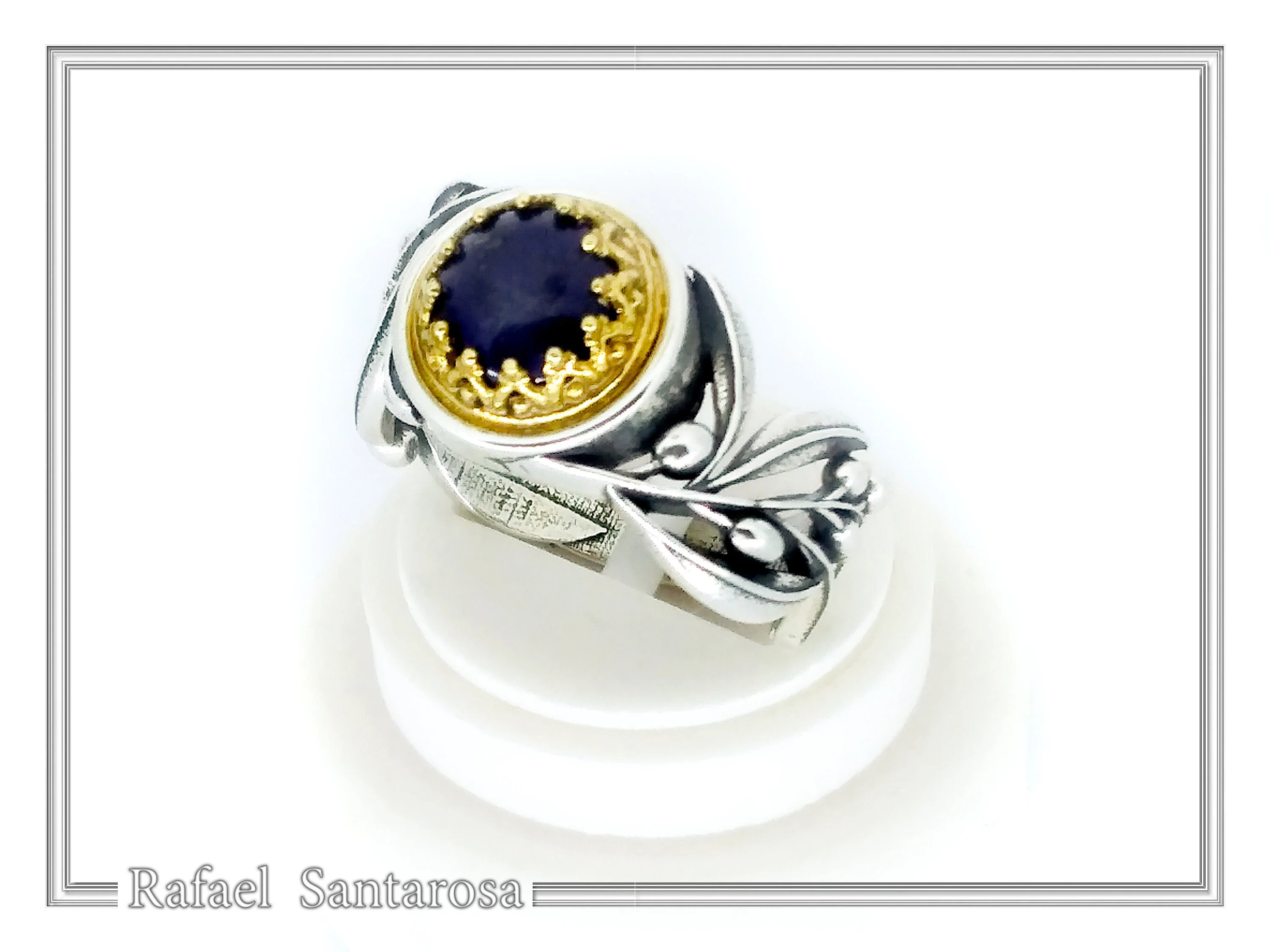 Natural Lapis or Pearl Floral Olive Branch Ring: Oxidized Sterling Silver Gold Filled Filigree — additional product image 6 from Rafael Santarosa Fine Jewelry