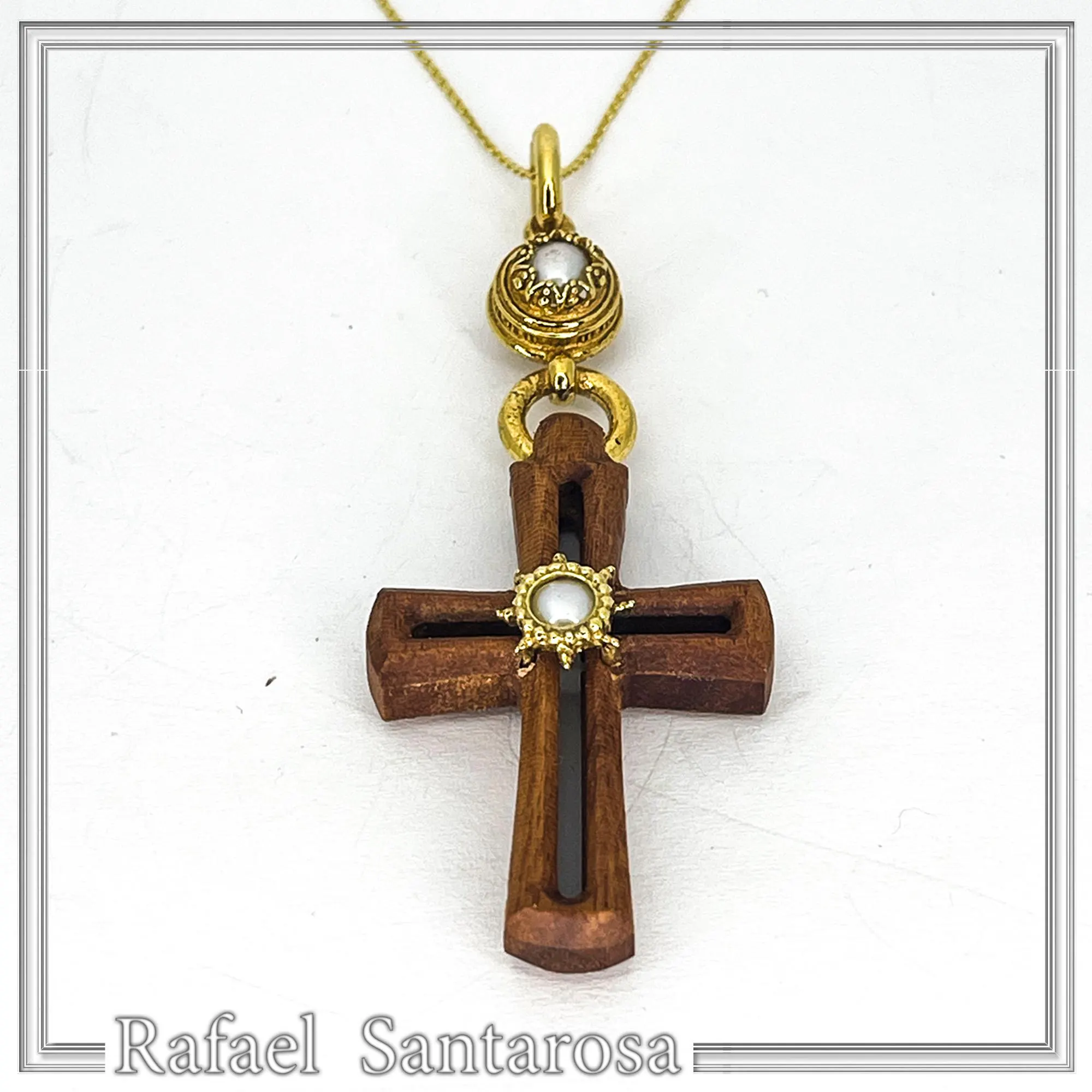 Byzantine Cross Pendant Sterling Silver Gold Filled Mahogany Wood Freshwater Pearl Necklace — additional product image 2 from Rafael Santarosa Fine Jewelry
