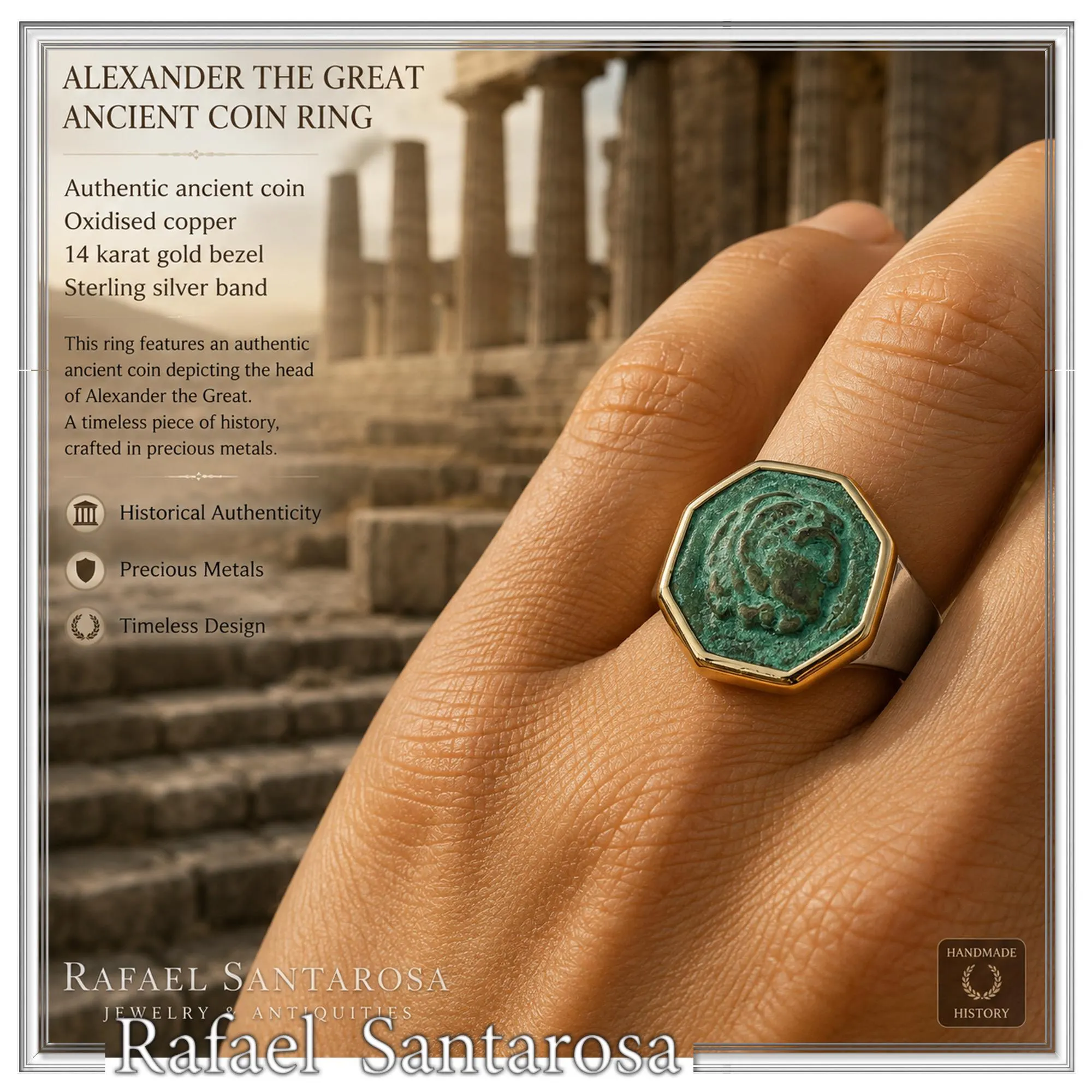 Alexander the Greek Coin Ring, 14K Gold Bezel, Oxidised Copper, Sterling Silver Band, Museum Jewelry — additional product image 2 from Rafael Santarosa Fine Jewelry