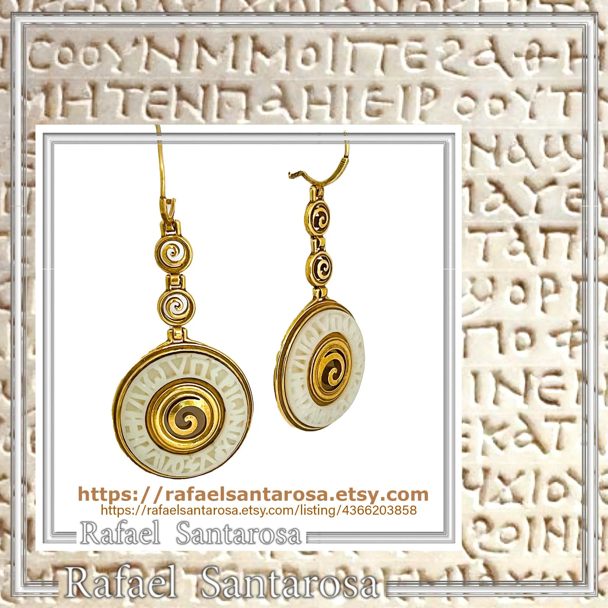 Ancient Greek Prayer to Sun Engraved Marble Spiral Earrings: 18k Gold Filled Sterling Silver — additional product image 10 from Rafael Santarosa Fine Jewelry