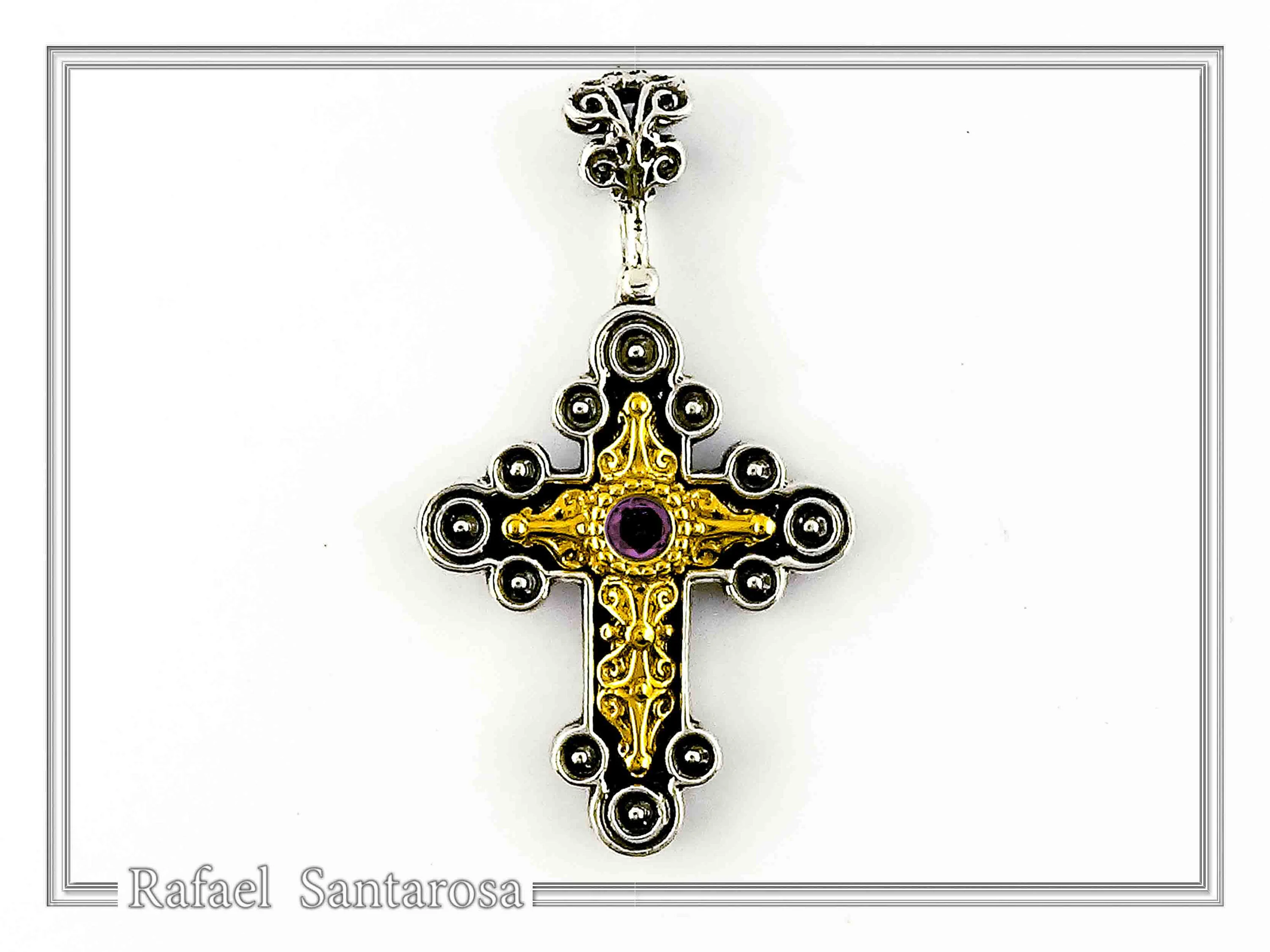 African Genuine Amethyst Byzantine Cross Necklace: Oxidized Sterling Silver & 18K Gold Filled — additional product image 6 from Rafael Santarosa Fine Jewelry