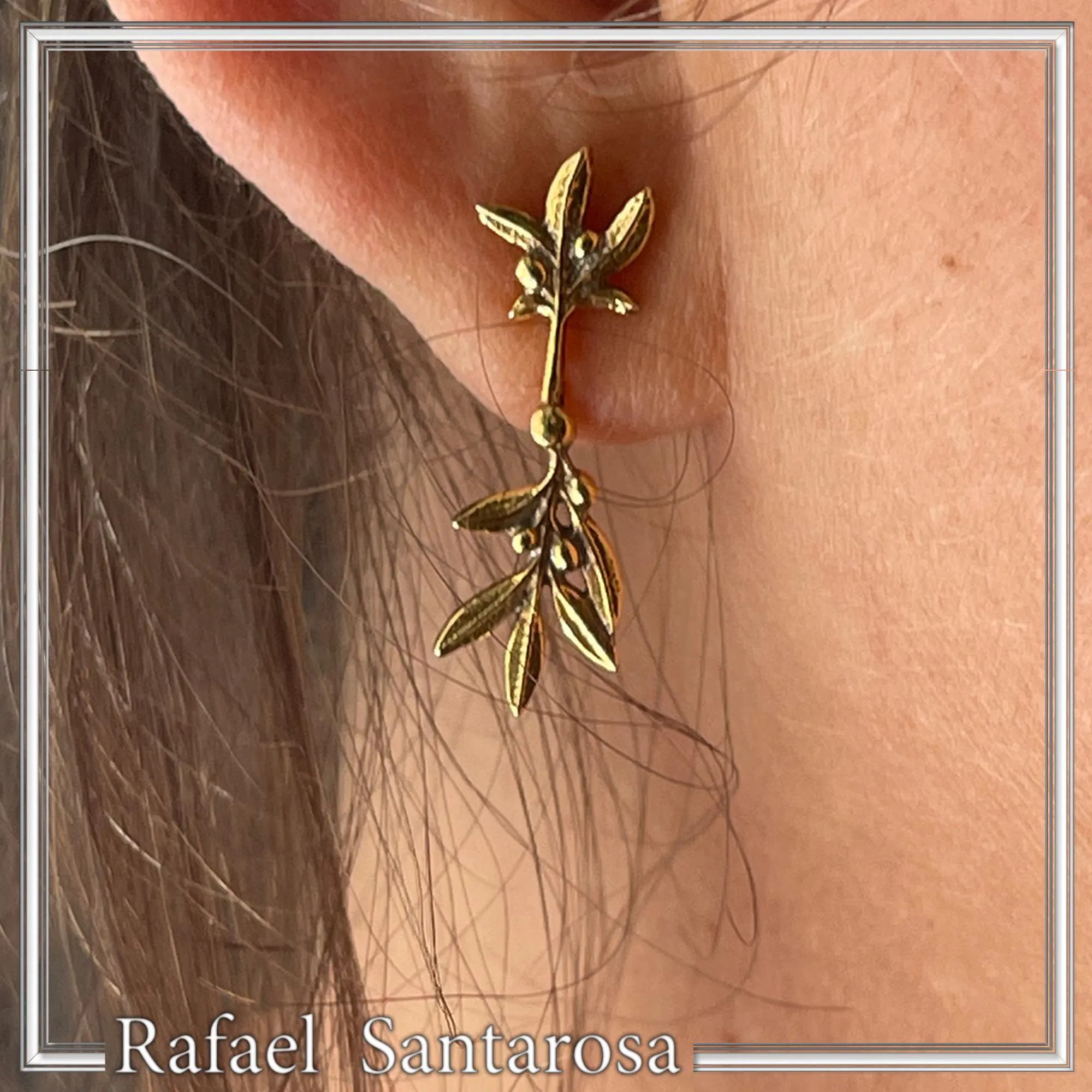 18K Solid Gold Olive Branch Dangle Earrings: Greek Nature Floral Jewelry Peace Symbol — additional product image 9 from Rafael Santarosa Fine Jewelry