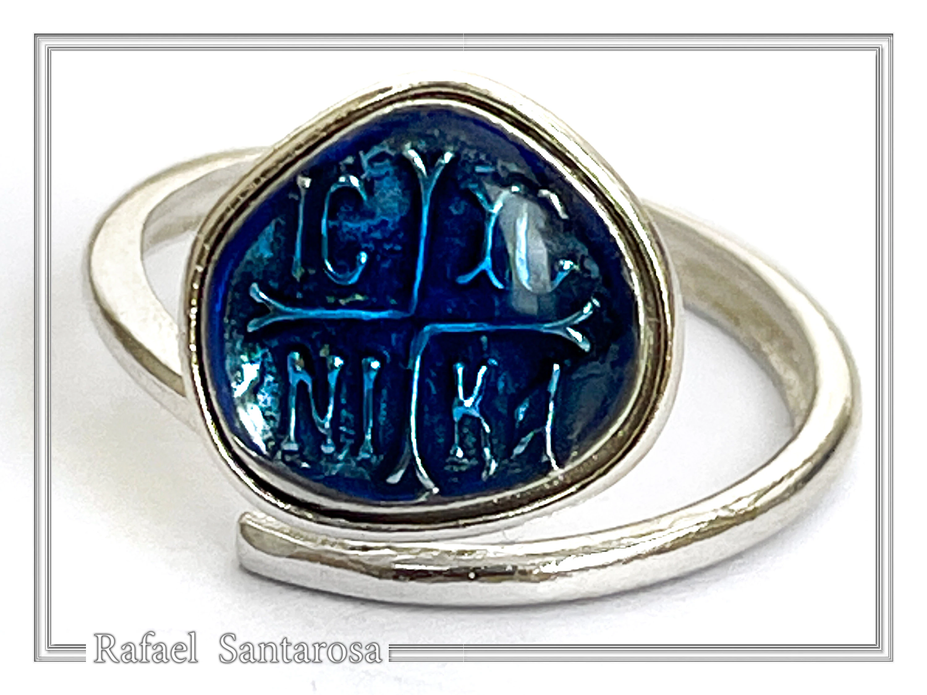 ICXC NIKA "Jesus Christ Conquers" Blue Enamel Christogram Talisman Ring: Solid Sterling Silver — additional product image 6 from Rafael Santarosa Fine Jewelry