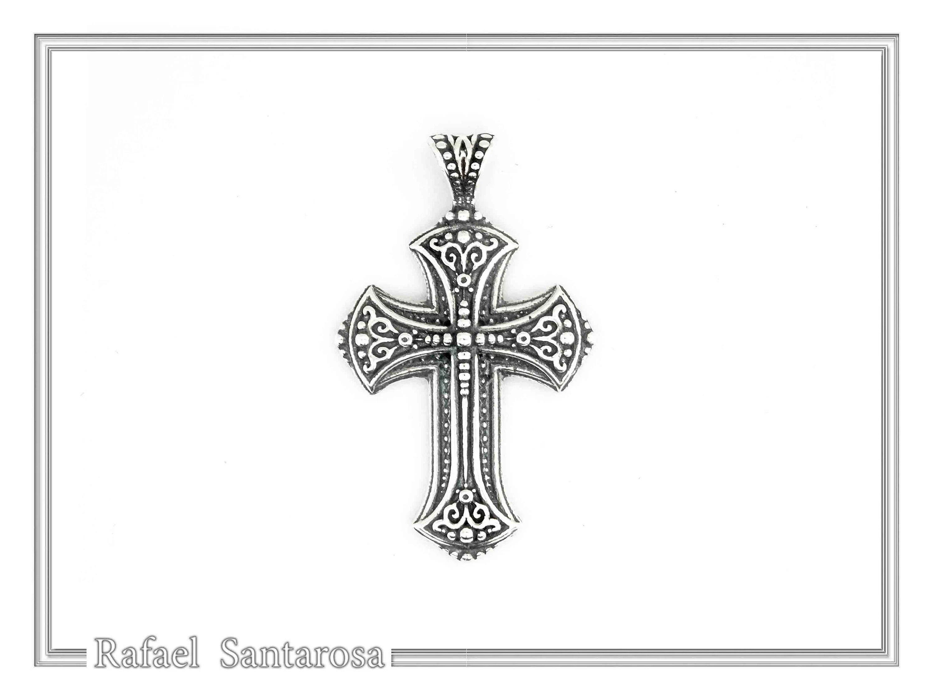 Religious Byzantine Filigree Ornaments Cross Necklace: Sterling Silver Oxidised or 18K Gold Filled Pendant — additional product image 2 from Rafael Santarosa Fine Jewelry